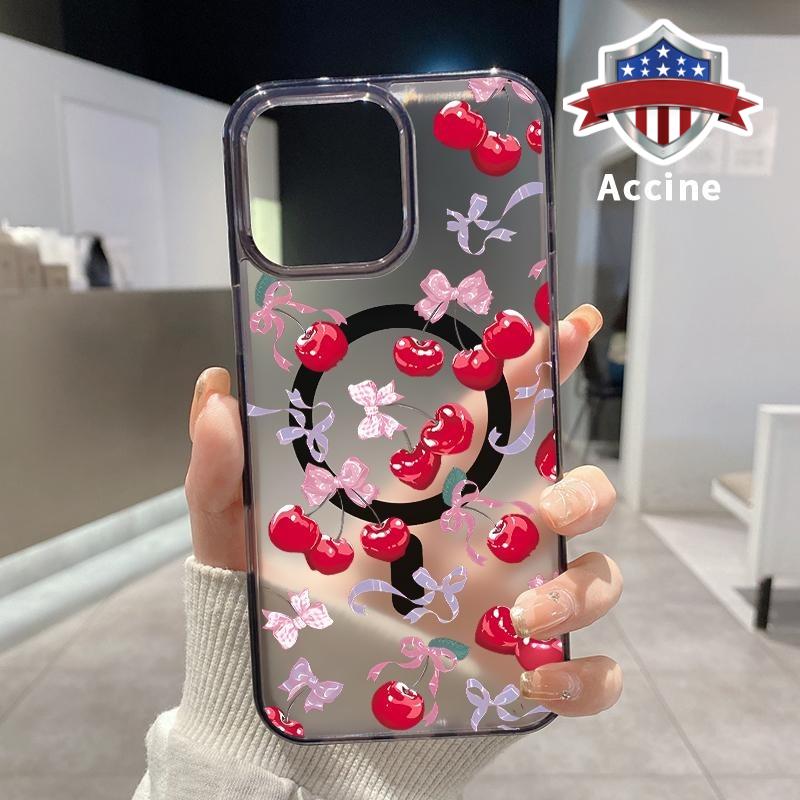 Magnetic Soft Case for iPhone 16 Pro Max 15 Plus 14 13 12 11 XS E XR Cherry - Bow Enchantment Pattern Shockproof ultra-thin Silicone Crystal Transparent Protective Cover Supports Wireless Charging