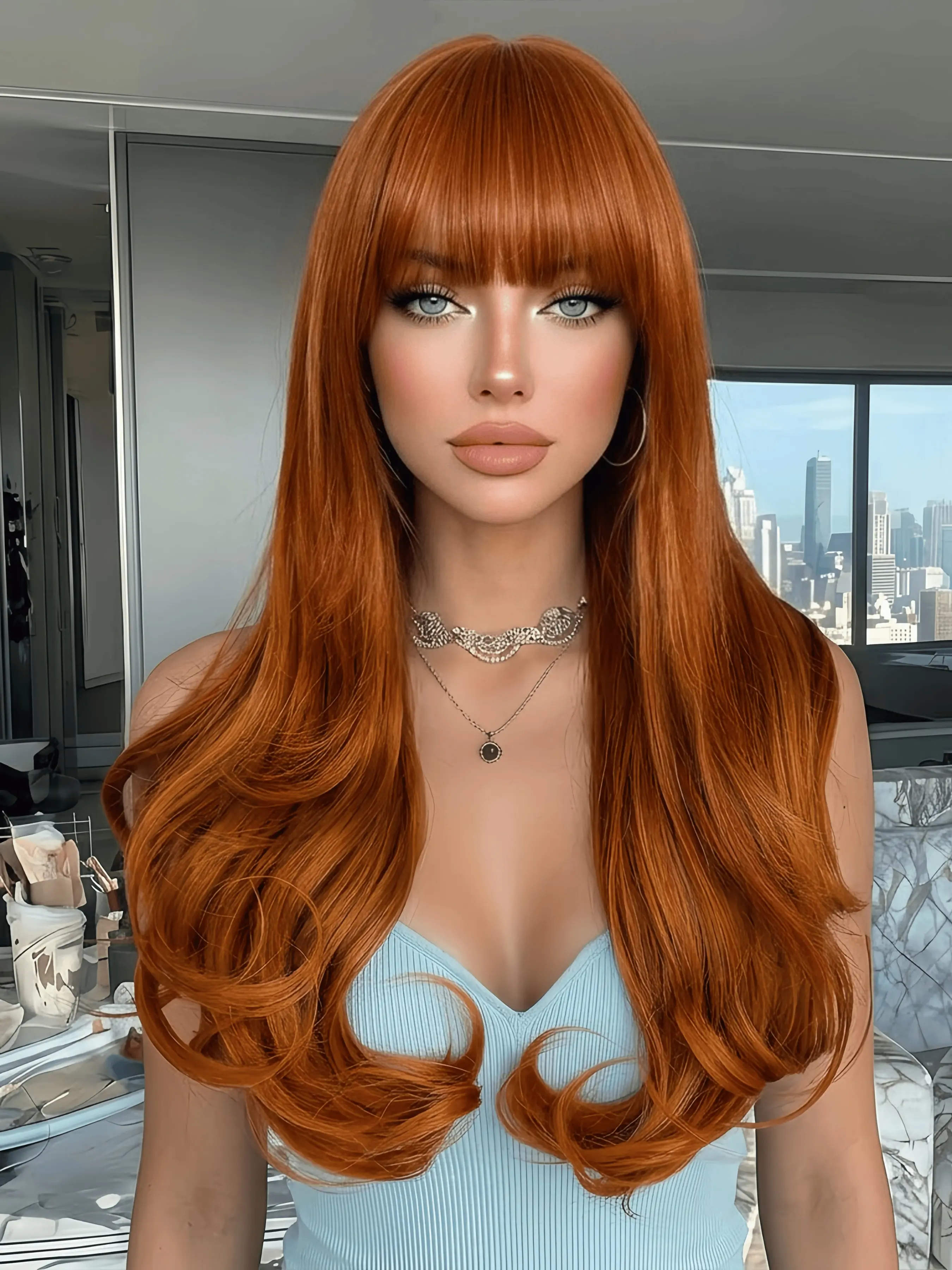 Long Wavy Ginger Copper Wig with Bangs for Women, Natural Looking Auburn Orange Synthetic Wig, Heat Resistant Fiber Body Wave Wigs for Daily Use, Cosplay, or Party (22 Inch, Ginger Copper)