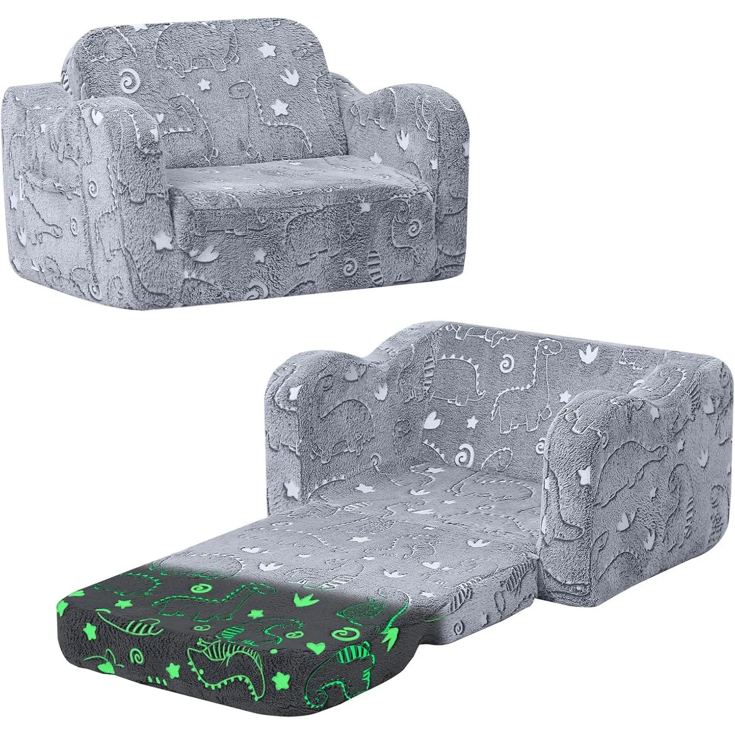 Glow-in-the-Dark Dinosaur Kids Couch - 2-in-1 Foldable Compact Rectangular Single Seat Sofa Chair, Soft Foam Lounger for 1-3 Year Old Boys, Washable Cover, Gray, Kids Theme for Playroom Nursery Reading