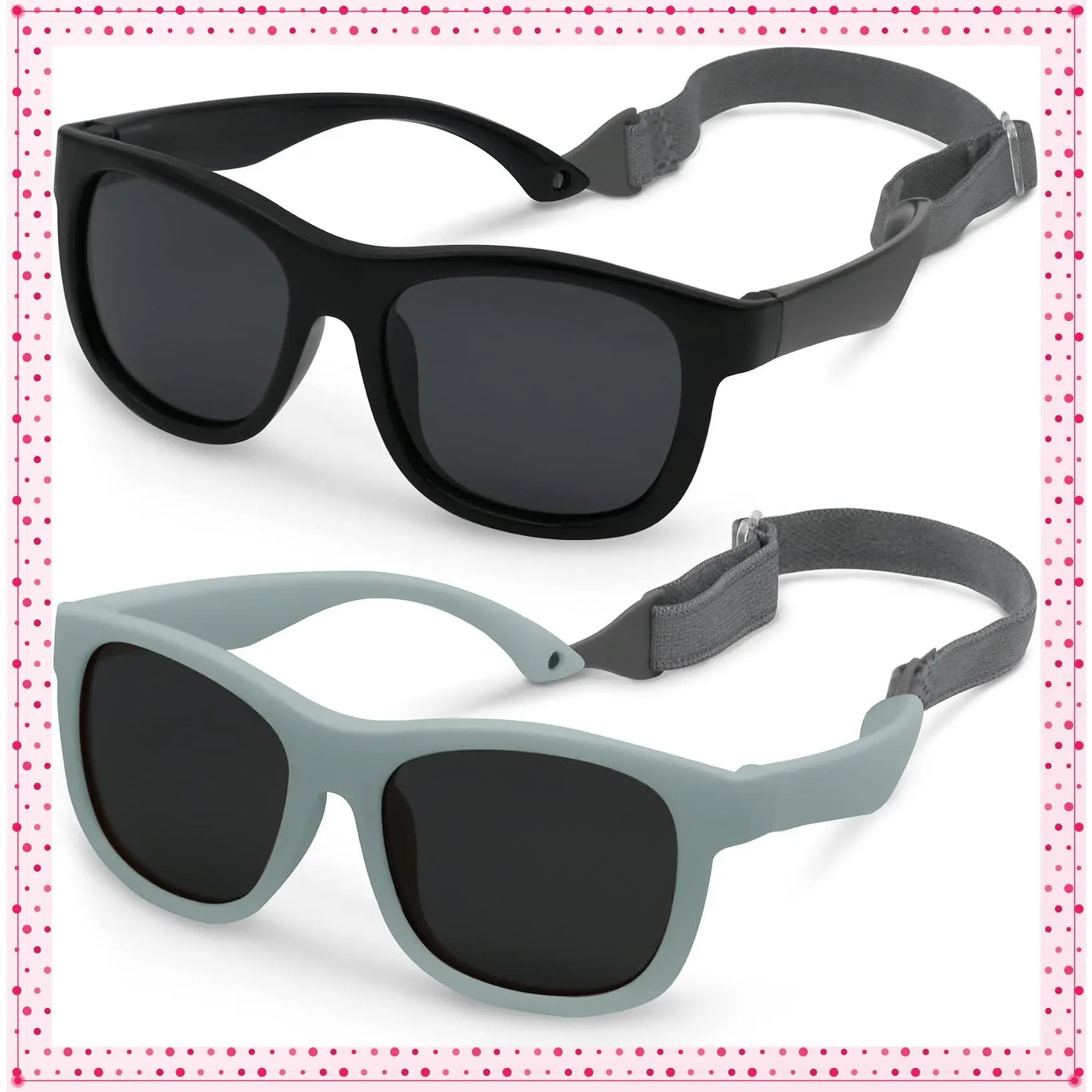 2 Pack Baby Sunglasses Polarized Flexible Toddler Sunglasses with Strap Infant Sunglass for Baby Girl Boy 0-24 MonthsGift
