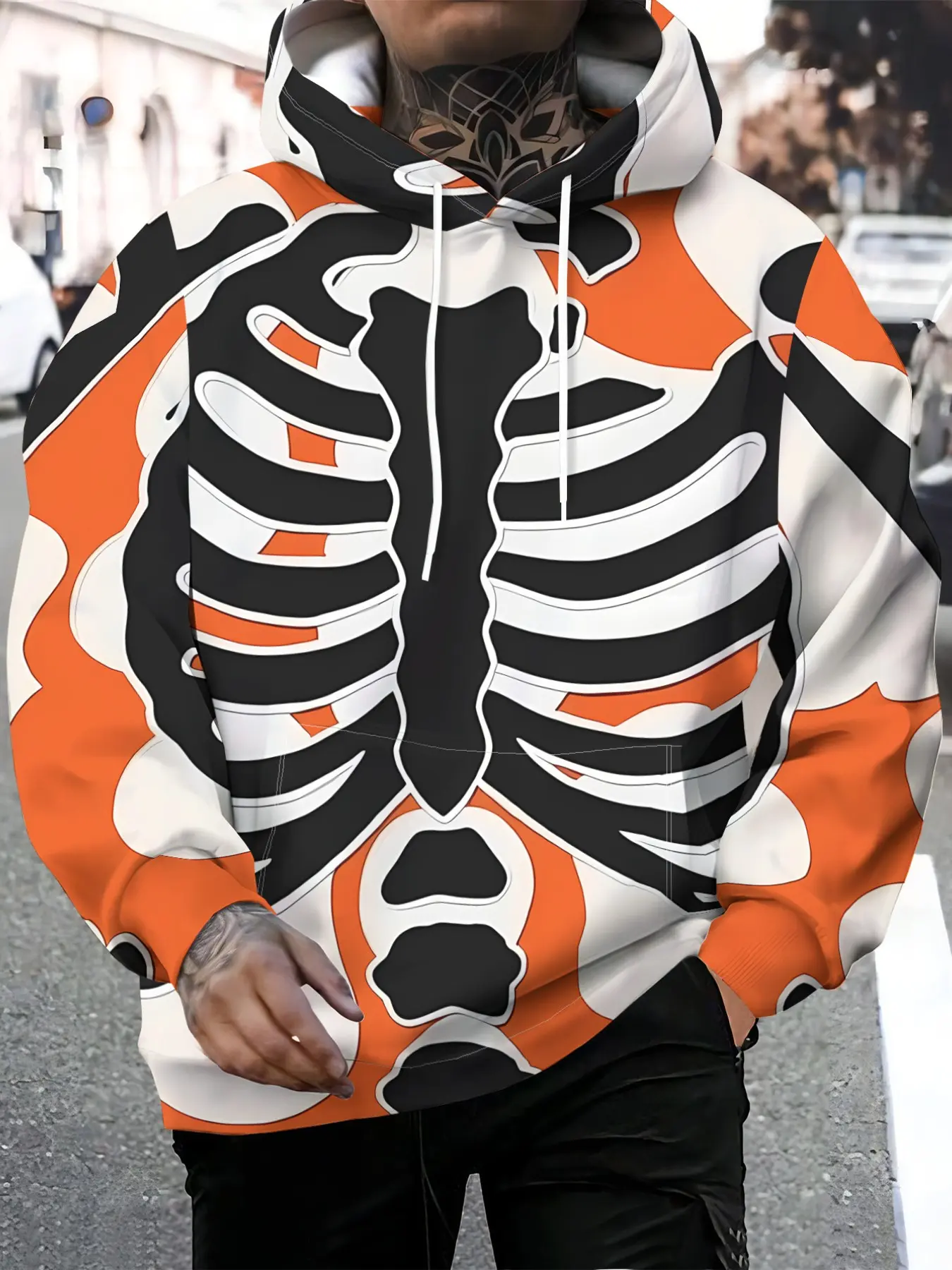 Men Skeleton Graphic Pullover Hoodie, Full‑Print Bone Pattern Hooded Sweatshirt, Drawstring Kangaroo Pocket, Loose Fit Long Sleeve Streetwear For Daily Party Wear.