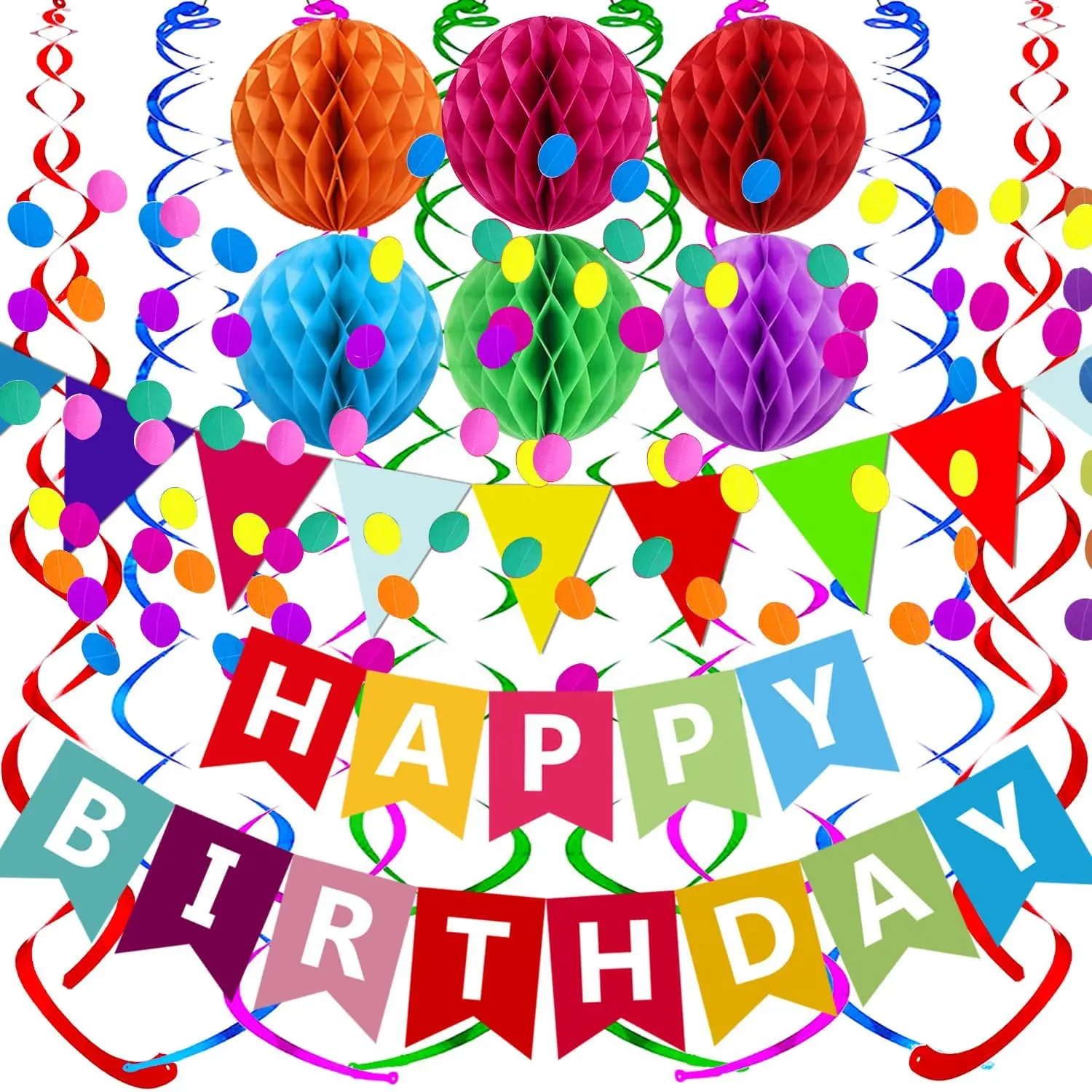 Happy Birthday Banner With Colorful Paper Flag Bunting Paper Circle Confetti Garland Swirl Streamers  ball for Birthday Party Decorations