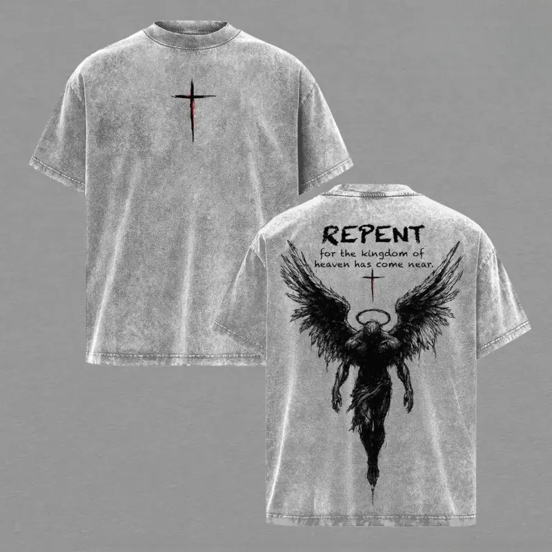 Men's Oversized Christian T-Shirt, Vintage Washed Angel Wings Faith Graphic, Heavyweight 230gsm Cotton Gospel Streetwear, Menswear, Graphic Tees