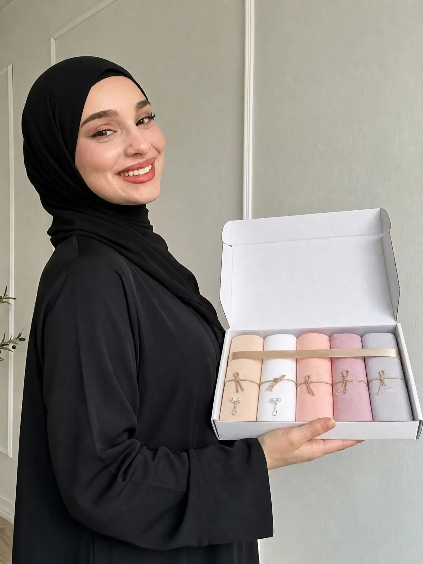 5pcs/set Women's Plain Muslim Headscarf Set, Elegant Hijab Scarf, Soft Comfortable Long Shawl, Gift Box for Eid Holiday Present