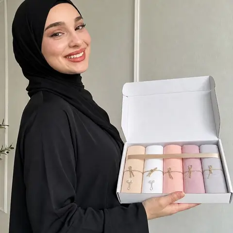 5pcs/set Women's Plain Set, Elegant Hijab Scarf For Muslim, Soft Comfortable Long Shawl, Ideal Gift for Eid Holiday