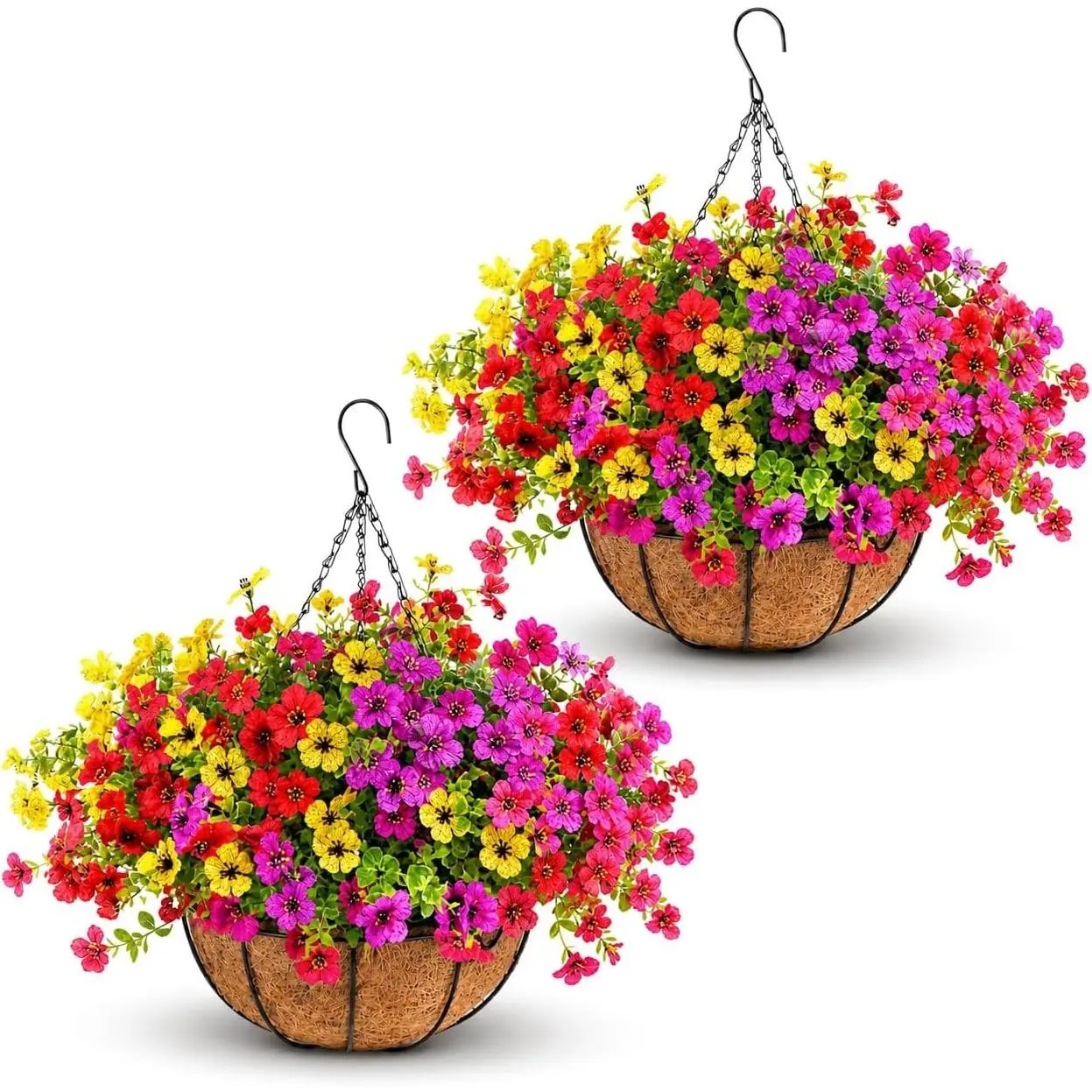 Artificial Hanging Baskets, 24 Pcs Mixed Color Mums UV Resistant Outdoor Realistic Mum Blooms with 2 Ready-to-hang Baskets; UV-resistant Design Decorates Porches, Patios, Balconies and Gardens