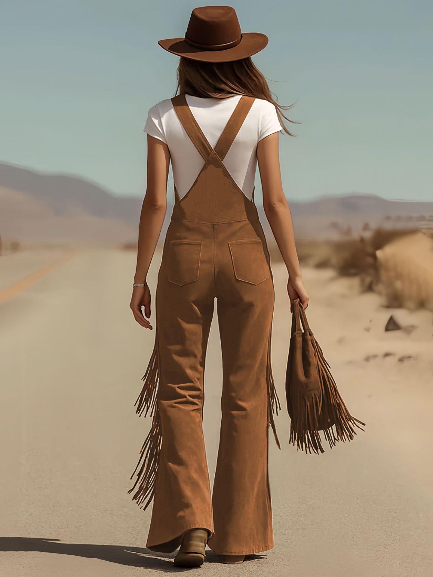Women's Retro Faux Suede Fringe Wide-Leg Cargo Pants