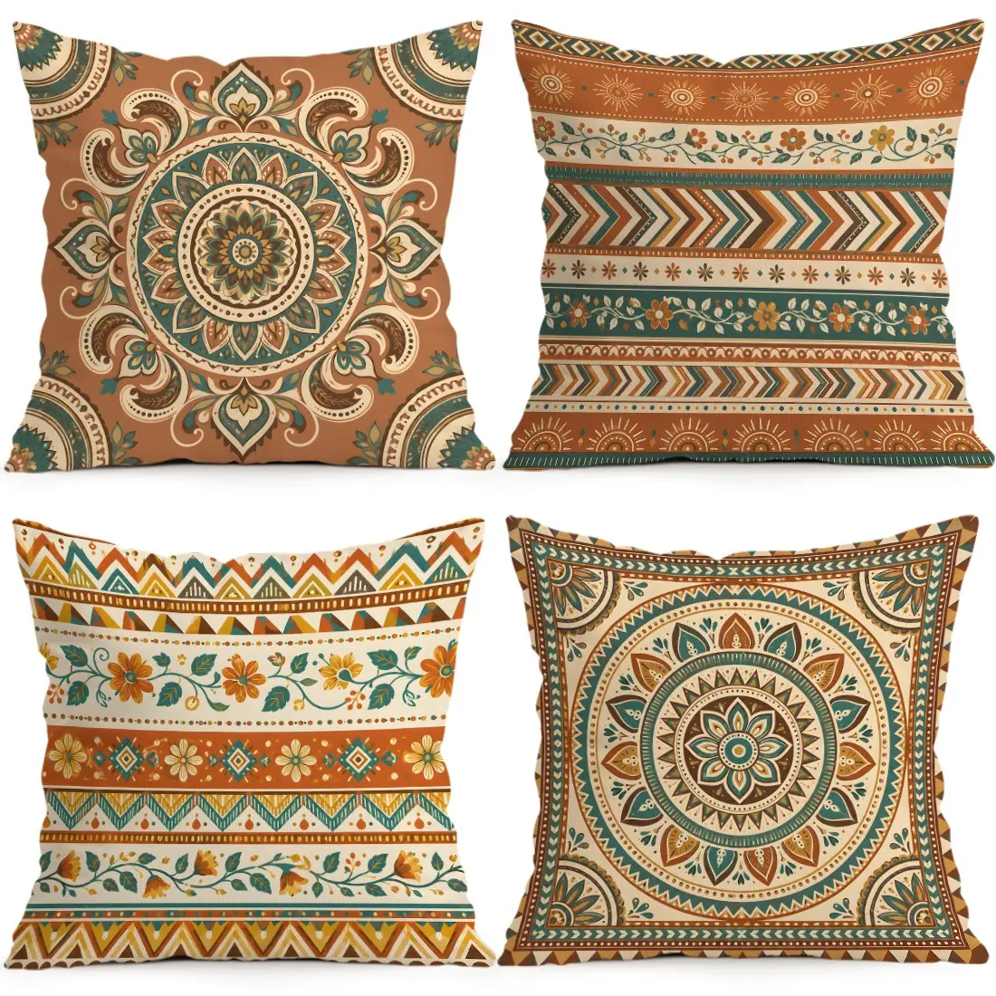 4pcs Bohemian Mandala and Floral Pattern Cushion Covers, Single-Sided Print, Home Decor for Living Room Bedroom, All Seasons