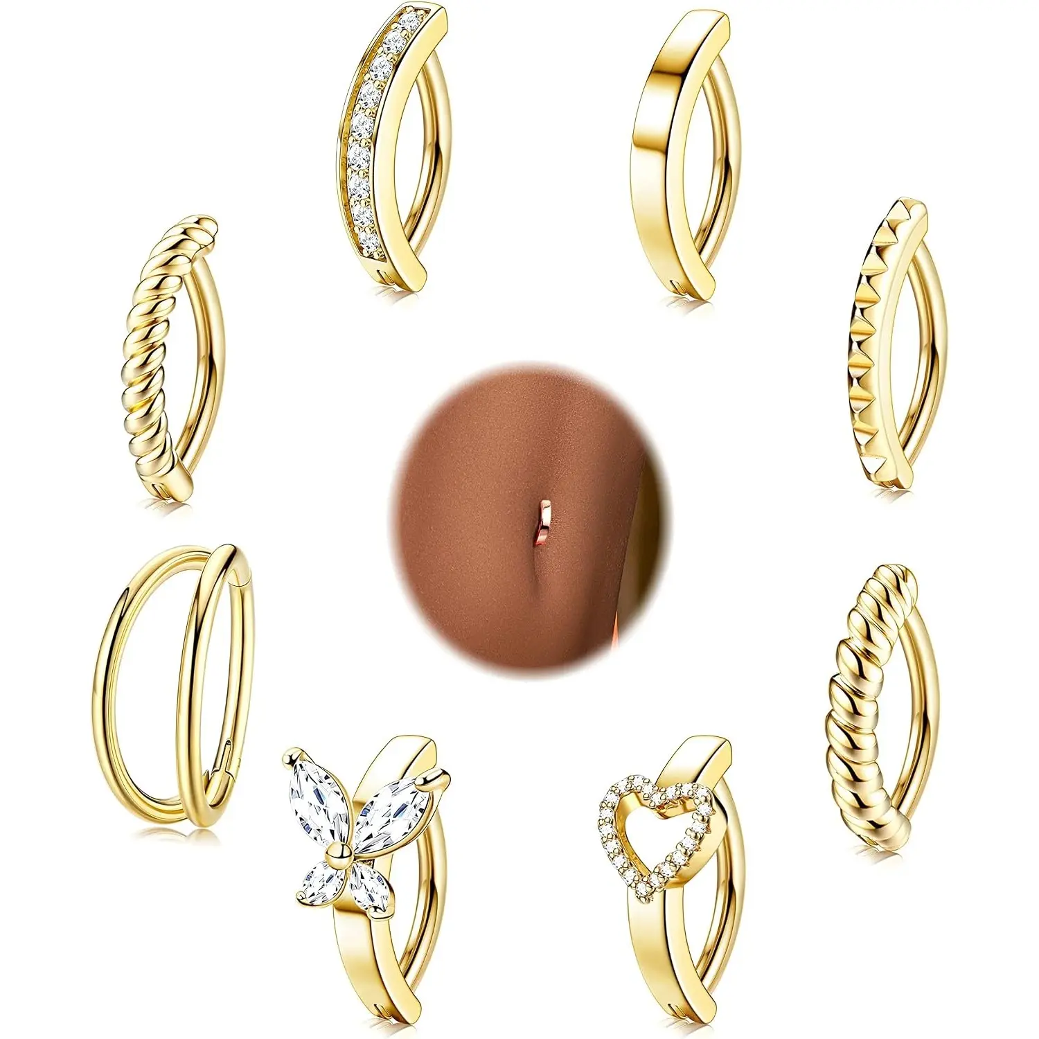 ORAZIO 8Pcs Belly Button Ring Surgical Steel 14G Clicker Belly Rings for Women CZ Heart Butterfly Belly Button Piercing Simple Reverse Navel Barbell Rings Body Piercing Jewelry