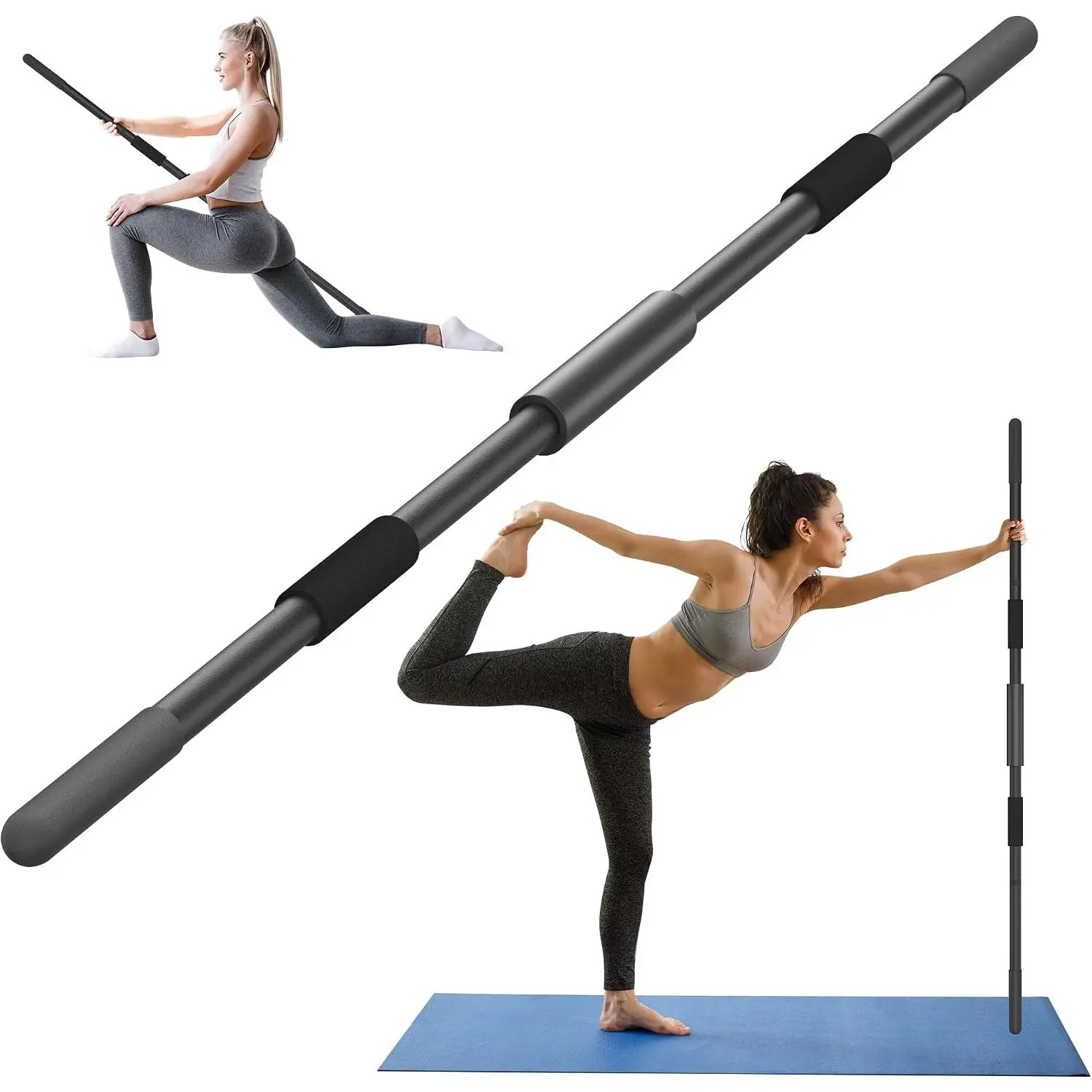 Yoga Stick 58 Inch Sturdy Alloy Steel - Adjustable Stick for Exercise, Stretching,  - Versatile Exercise Stick with Non-Slip Ends,  Cushion and Adjustable Grip Cushions