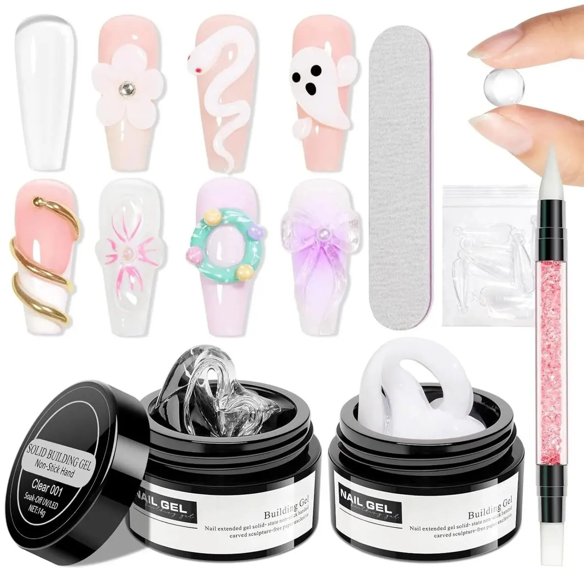 Solid Builder Gel For Nails Clear White Non-Stick Hand Hard Sculpture Gel With Dual Form 3D Nail Art Carving Decor DIY Home Manicure Supplies #BuilderGel #NailSculptureGel #3DNailArt #DIYNails