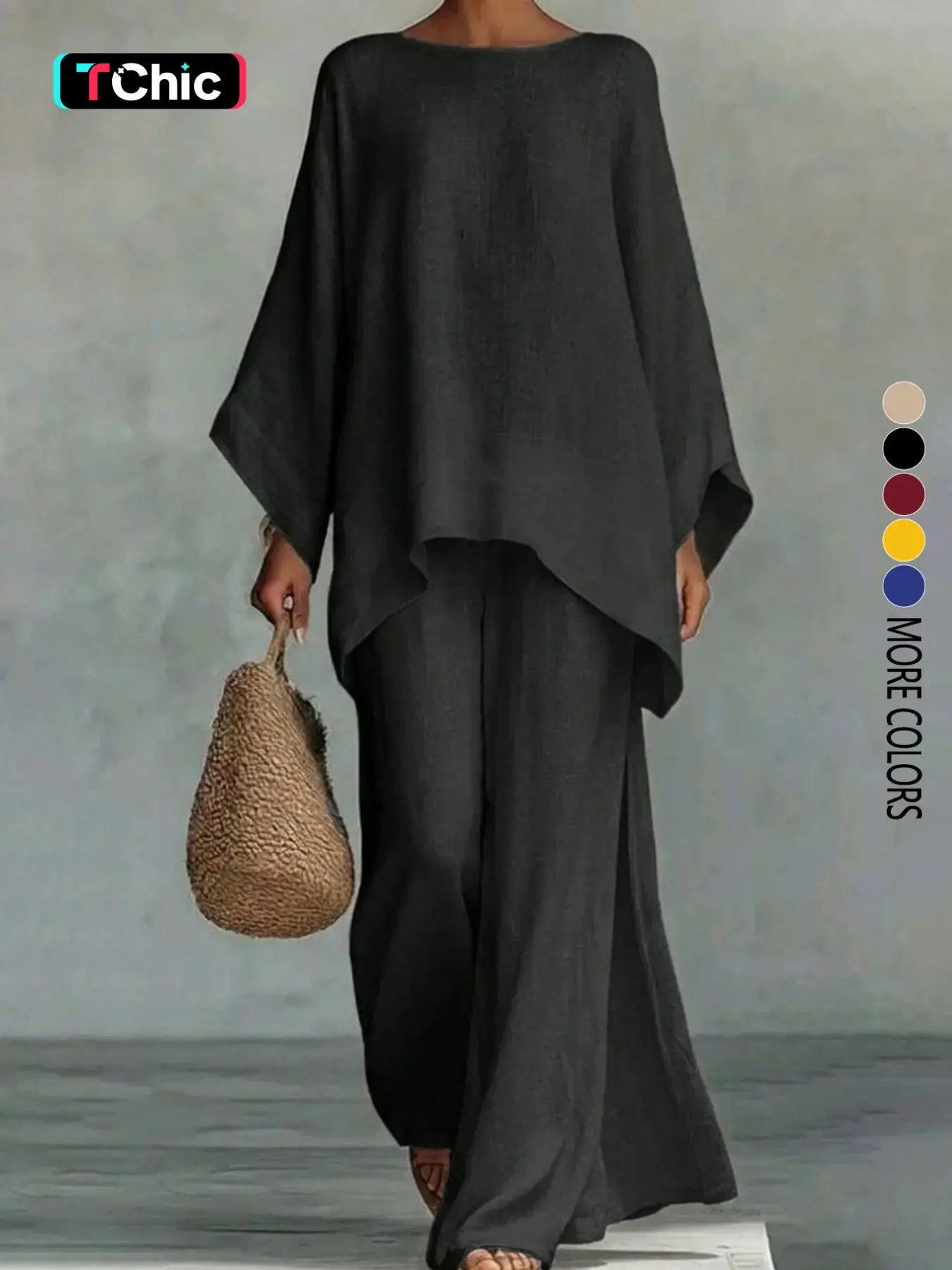 Women's loose-fitting retro solid color irregular hem long-sleeved trouser suit suitable for all seasons and daily commuting.