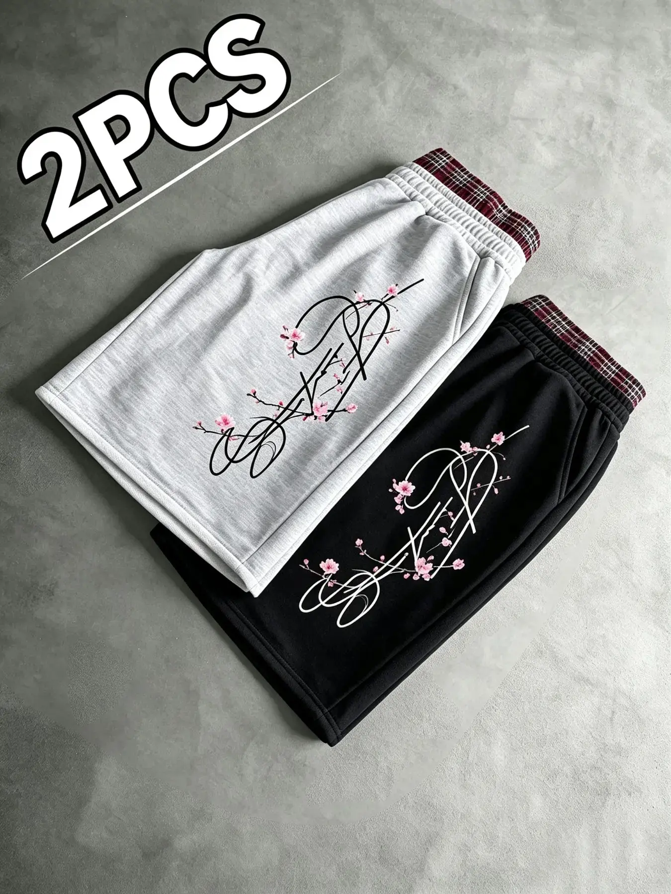 2Pcs Women's Streetwear Sweat Shorts, Plaid Contrast Waistband, Cherry Blossom & Cursive Letter Graphic Print, Loose Wide Leg Knee Length Casual Shorts Set