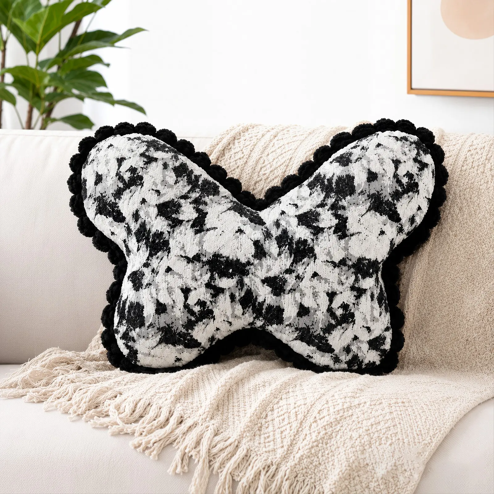 1pc Butterfly Shaped Chenille Pillow, Soft Plush Black & White Throw Cushion With Pom Pom Trim, Removable Washable Cover, Decorative Neck Back & Leg Support Pillow For Bed Sofa Office Chair Car