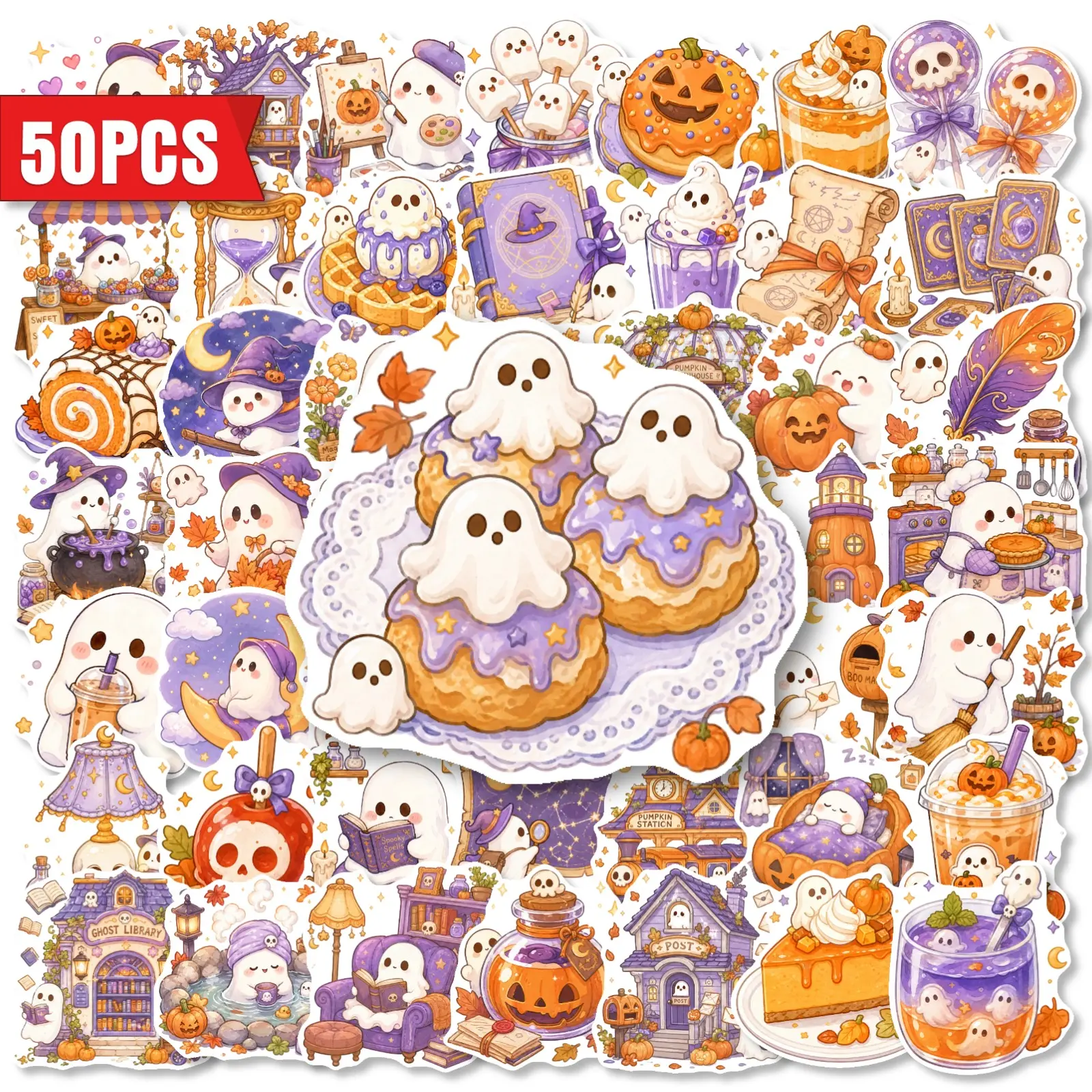 50Pcs Aesthetic Halloween Cute Ghost Stickers, Fun Post Office Themed Collection Decor Decals, for DIY Scrapbook Journal, Planner Accessories, Office Products, Back To School Decor, Art Stickers