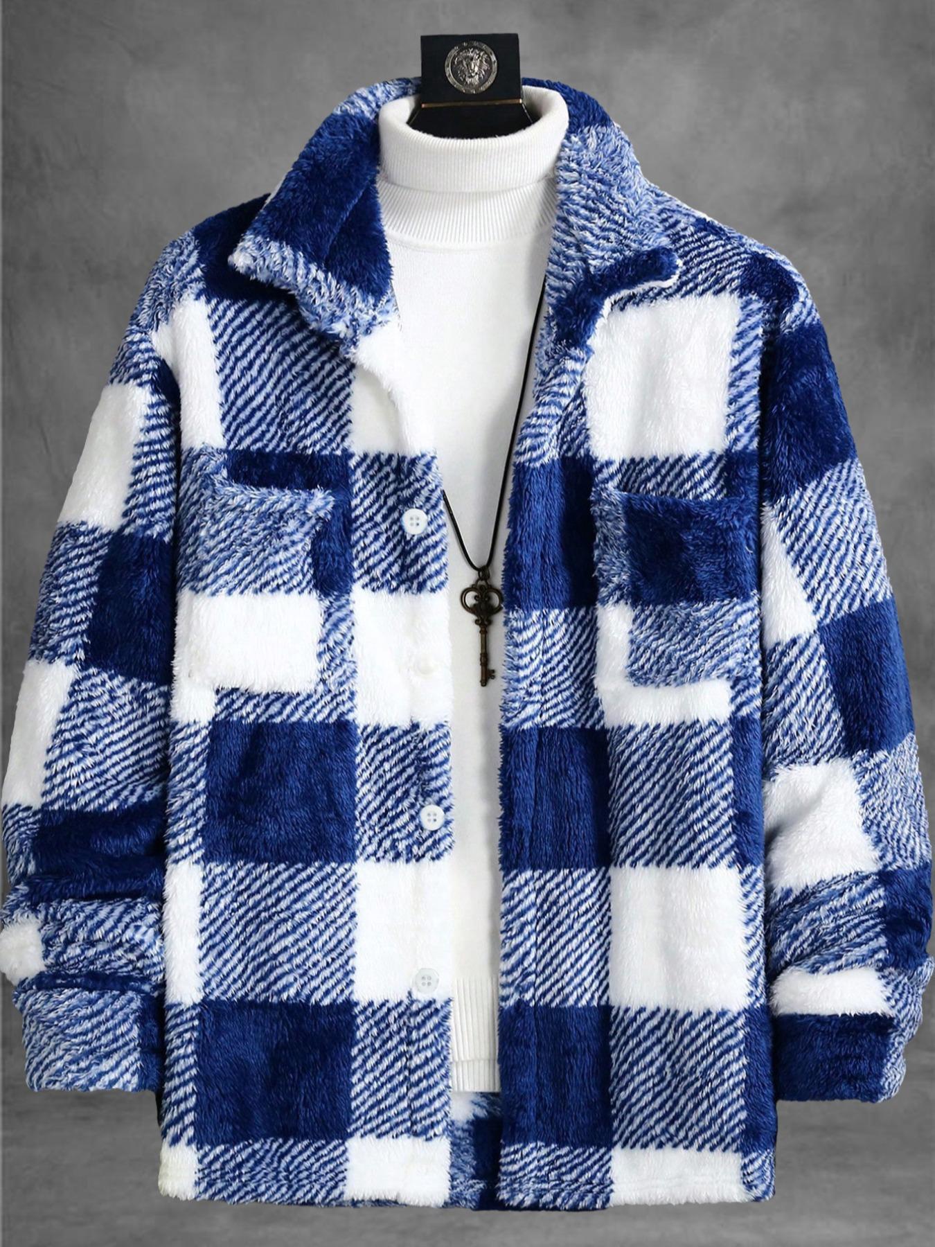 Men's Plaid Print Button Front Fuzzy Lounge Jacket, Casual Long Sleeve Collared Outerwear for Fall & Winter, Men's Sleepwear for Daily Wear, Casual Style Outerwear, Casual Fitted Jacket