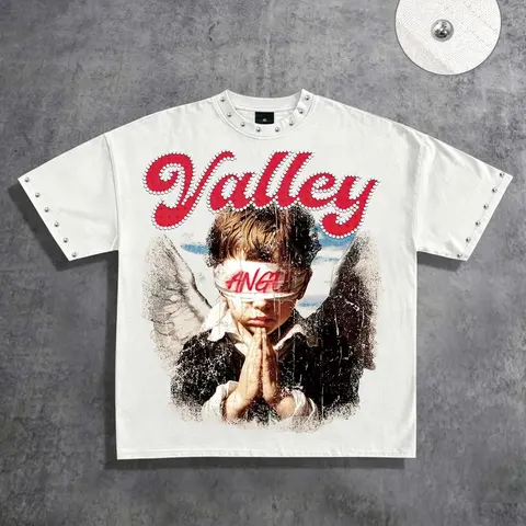 Unisex Oversized Metal-Rivet Short-Sleeve T-Shirt, Vintage Loose Fit Distressed Retro Angel Kid Graphic Print, Valley Letter Casual Streetwear Top for 2026 Summer