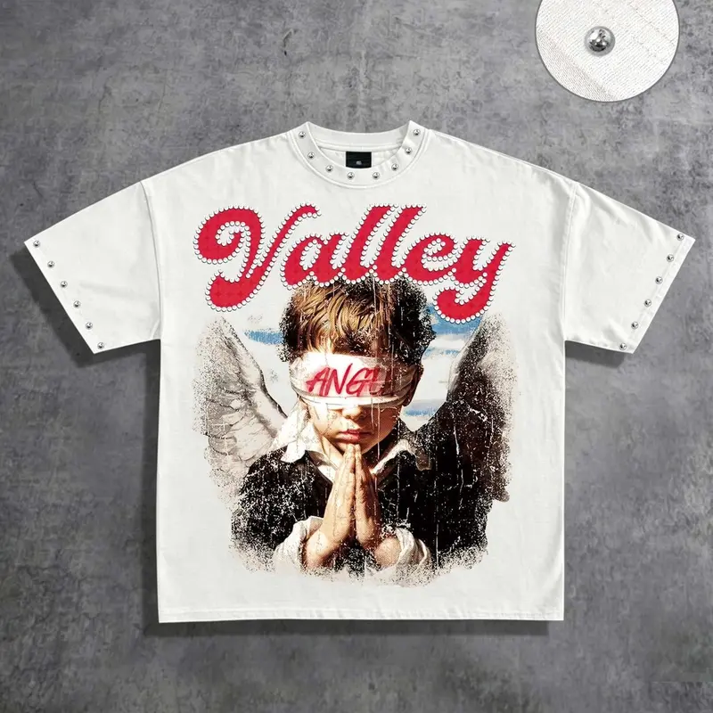 Unisex Oversized Metal-Rivet Short-Sleeve T-Shirt, Vintage Loose Fit Distressed Retro Angel Kid Graphic Print, Valley Letter Casual Streetwear Top for 2026 Summer