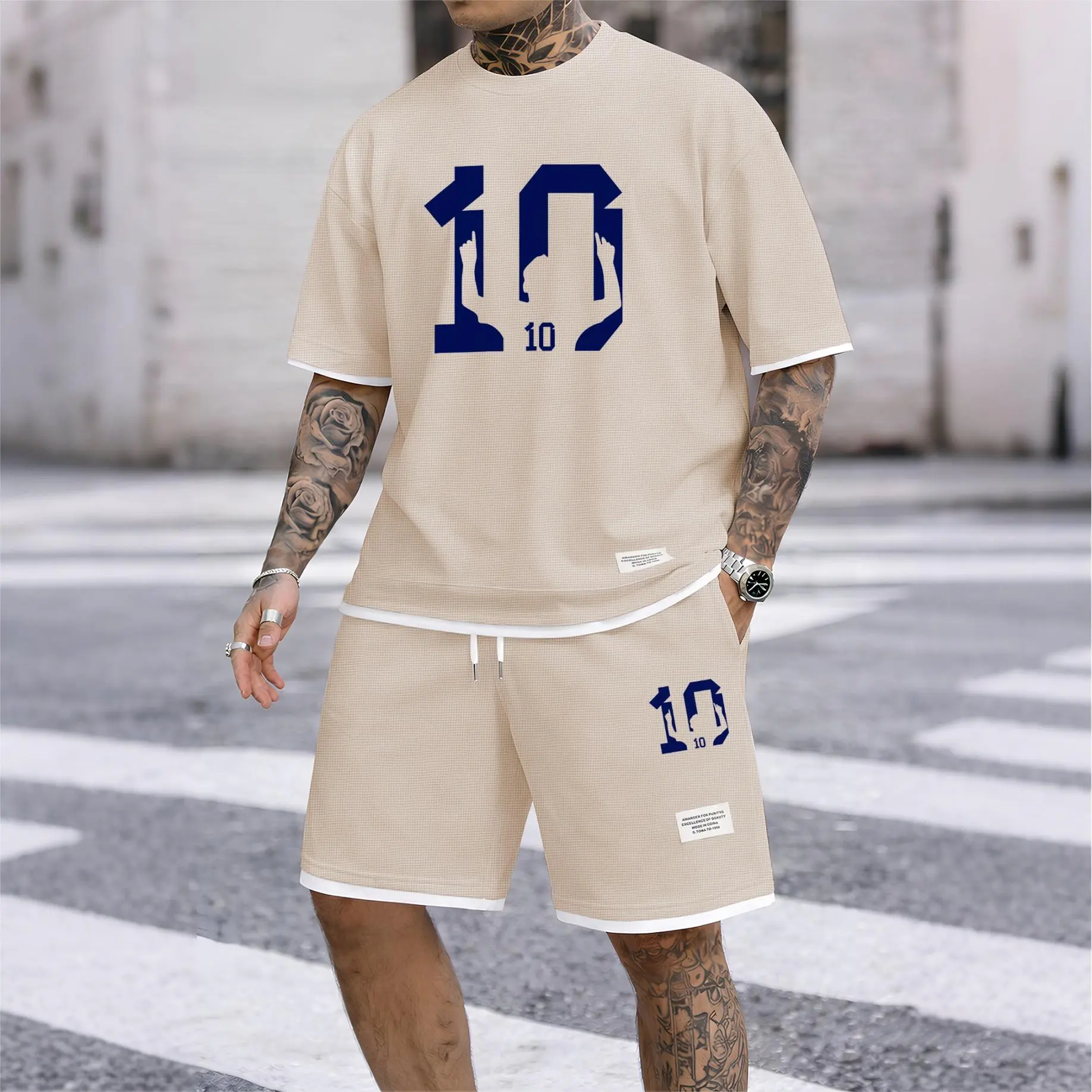 Men’s Soccer Number 10 Silhouette Hand Graphic Short Sleeve Shirt and Shorts Set, Waffle Knit Casual 2 Piece Outfit with Crew Neck Top and Elastic Waist Drawstring Shorts for Streetwear, Gym, Outdoor, Travel and Daily Style