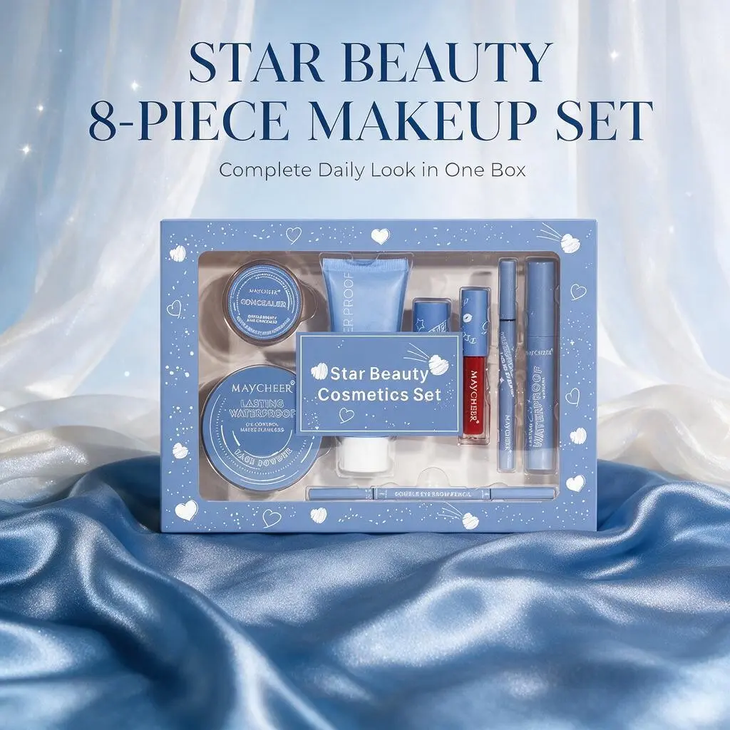 Maycheer 8-In-1 Makeup Set, Coffret Set, Natural Finish Foundation, 24h Waterproof Setting Powder, Gentle Concealer, Dual-Ended Brow Pencil, Gift Box