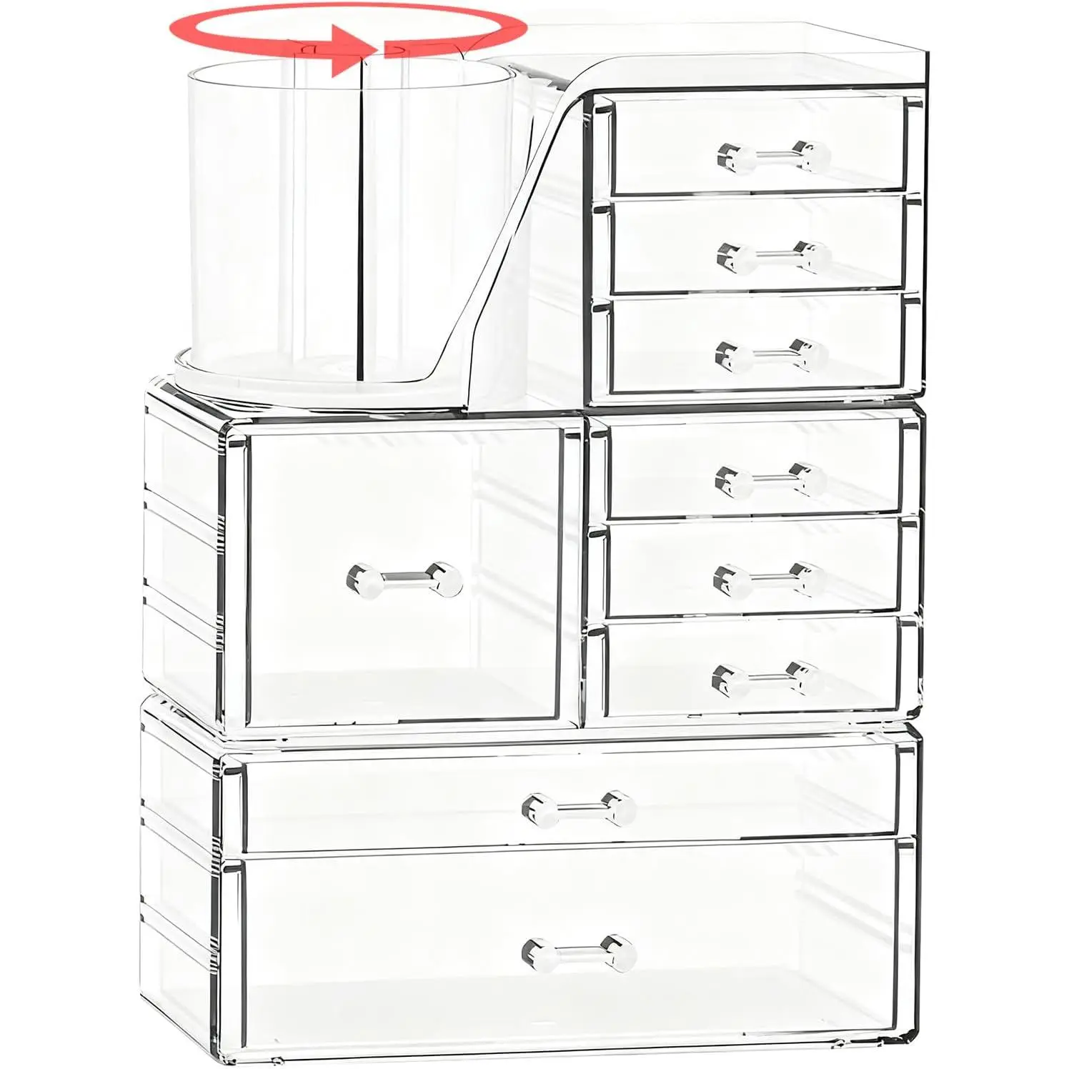 Clear Makeup Organizer with 9 Drawers, 3 Tier Stackable Makeup Storage Organizer with Rotating Brush Holder,  Countertop Makeup Organizer for  Skincare  Hair Accessories