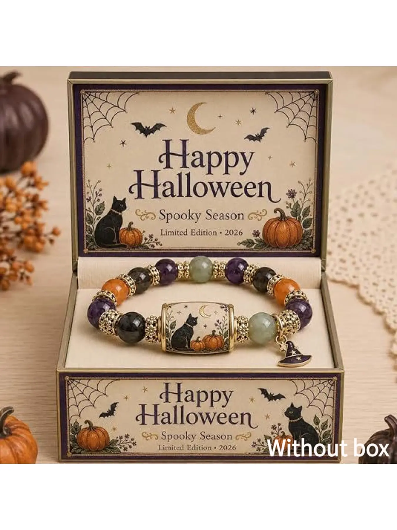 Halloween Crystal Beaded Bracelet with Black Cat Pumpkin Witch Hat Charms, Spooky Holiday Jewelry for Women Girls