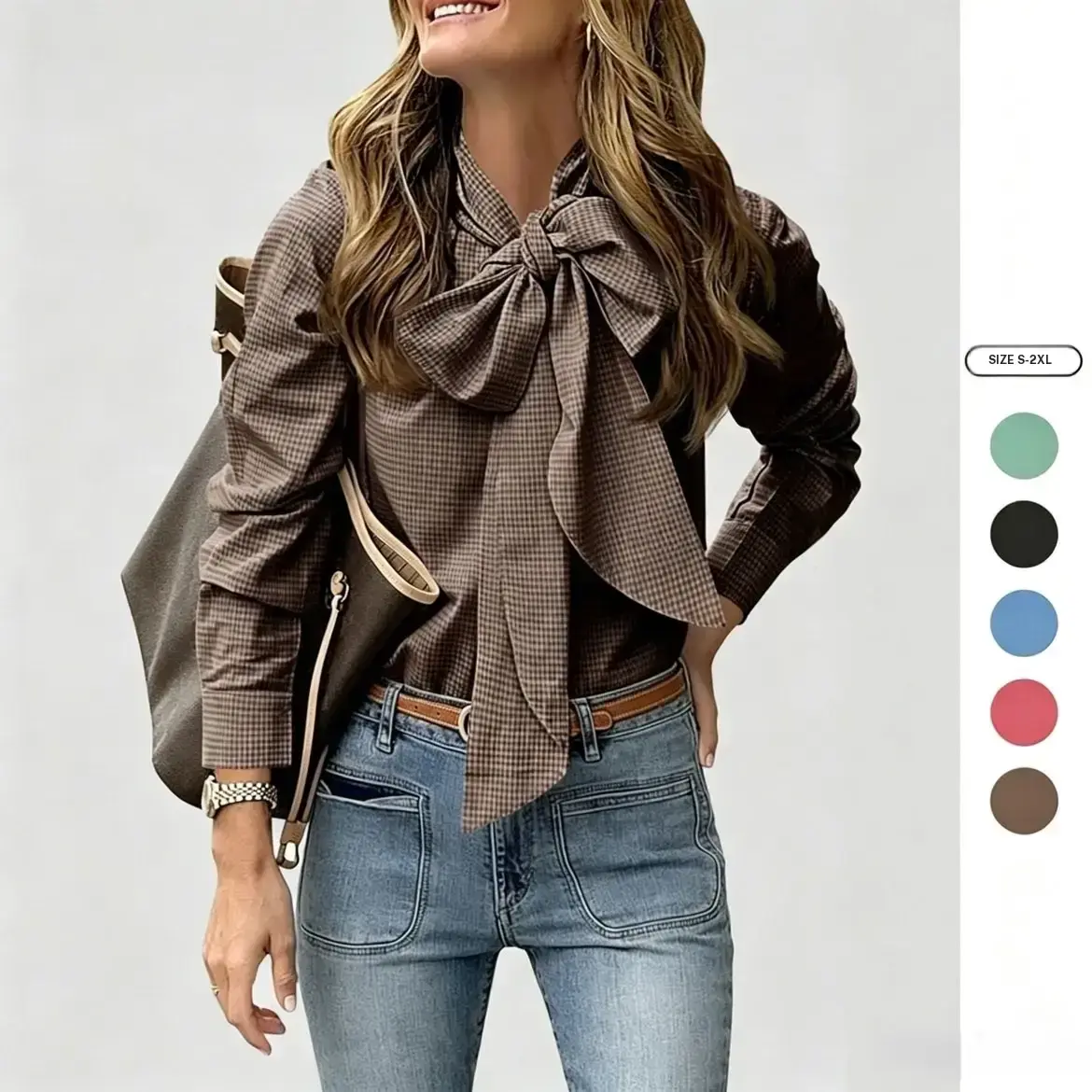 Imily Bela Womens Plaid Shirts Bow Tied Neck Button Down Long Sleeve Casual Dressy Blouse Tops