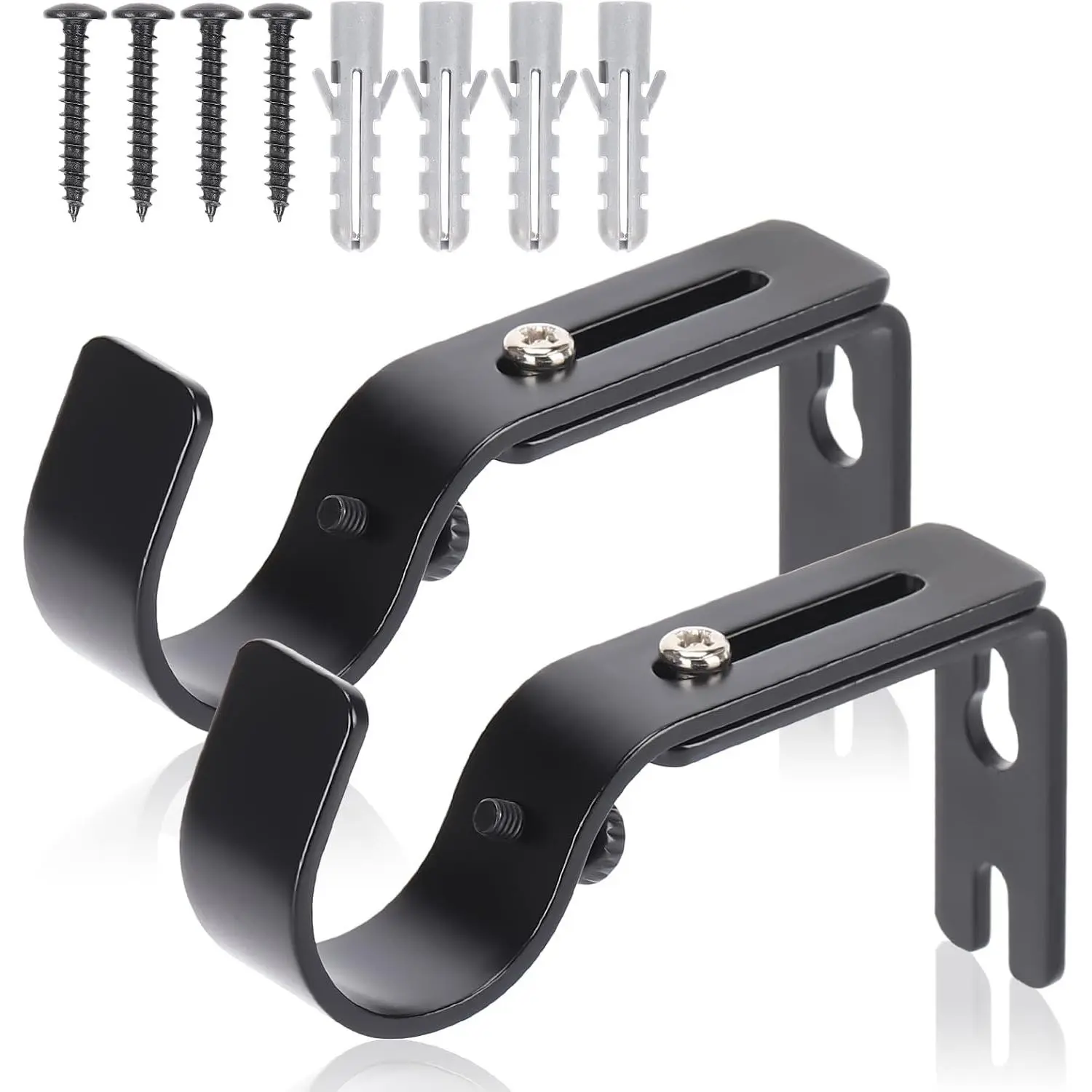 Curtain Rod Brackets for Wall - Adjustable Hooks, Iron Holders for 1 Inch Rod - Black (2 PCS)