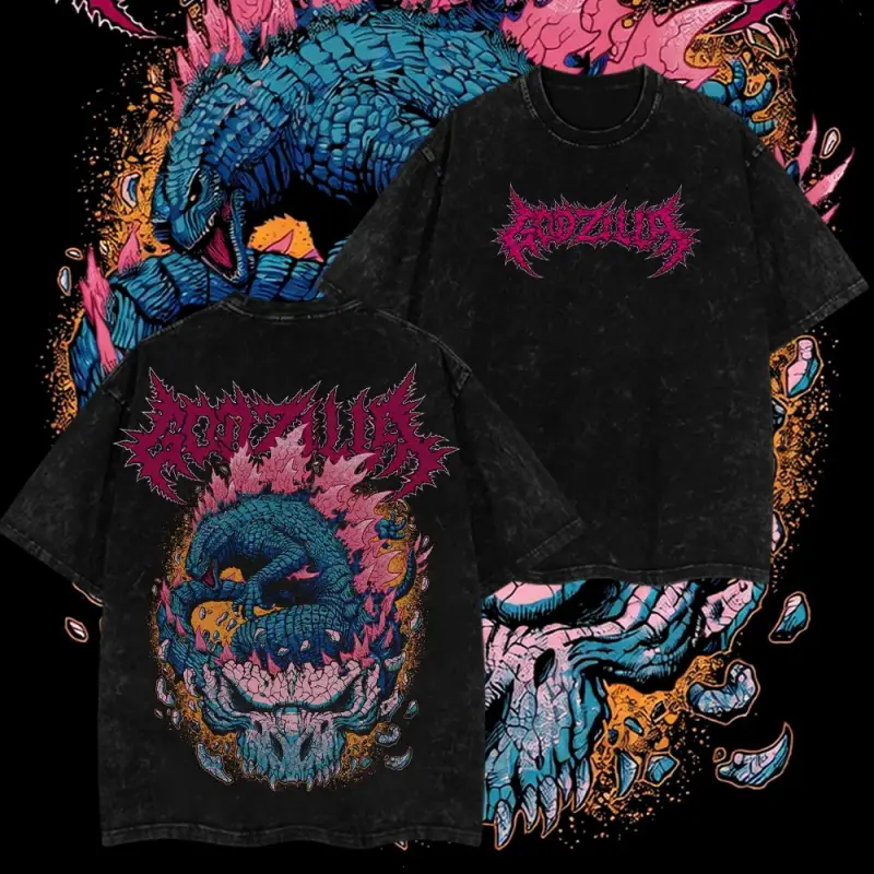 Godzilla God Of The World Retro Double Printed Heavyweight Cotton Tee Monsterverse Kaiju Vintage Washed Oversized Shirt Unisex Casual Daily & Workout Streetwear Top For Men Women Fans