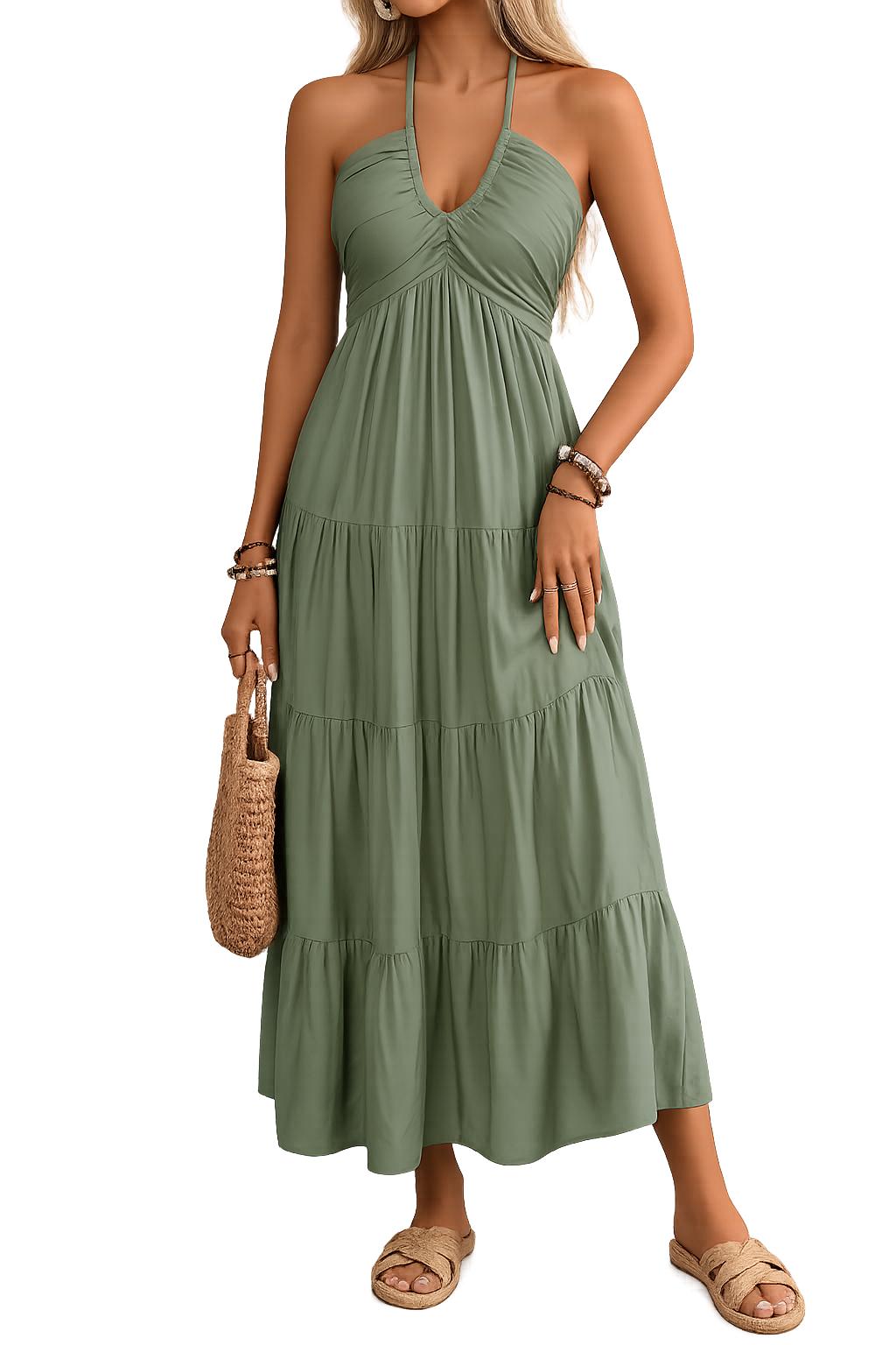 2026 Spring-Summer Solid Color Halter Beachwear Loose Long Dress Fashion Backless Pleated Dress