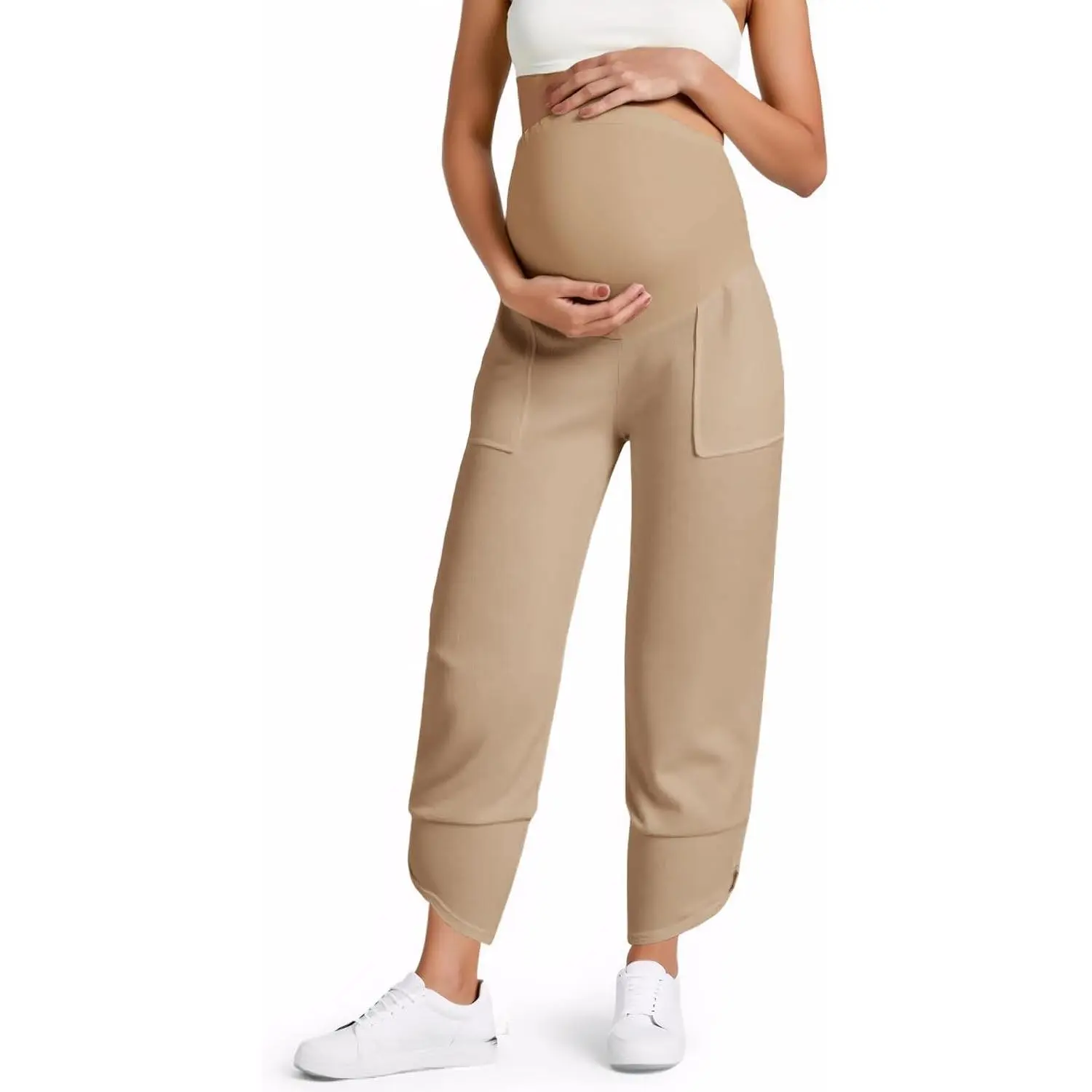 Womens Wide Leg Maternity Pants Casual Stretchy Ribbed Palazzo Pregnancy Trousers with Pockets