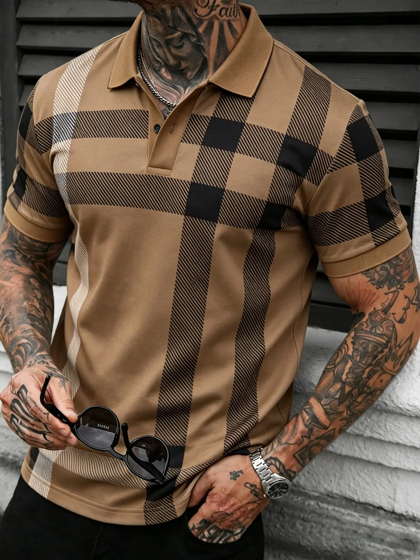 Vintage Plaid Polo Shirt Men Khaki Checkered Short Sleeve Tees Old Money Aesthetic Classic Casual Streetwear Muscle Fit Summer Daily Date Night Outfits