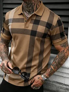 Vintage Plaid Polo Shirt Men Khaki Checkered Short Sleeve Tees Old Money Aesthetic Casual Streetwear Muscle Fit Summer Daily Date Night Outfits