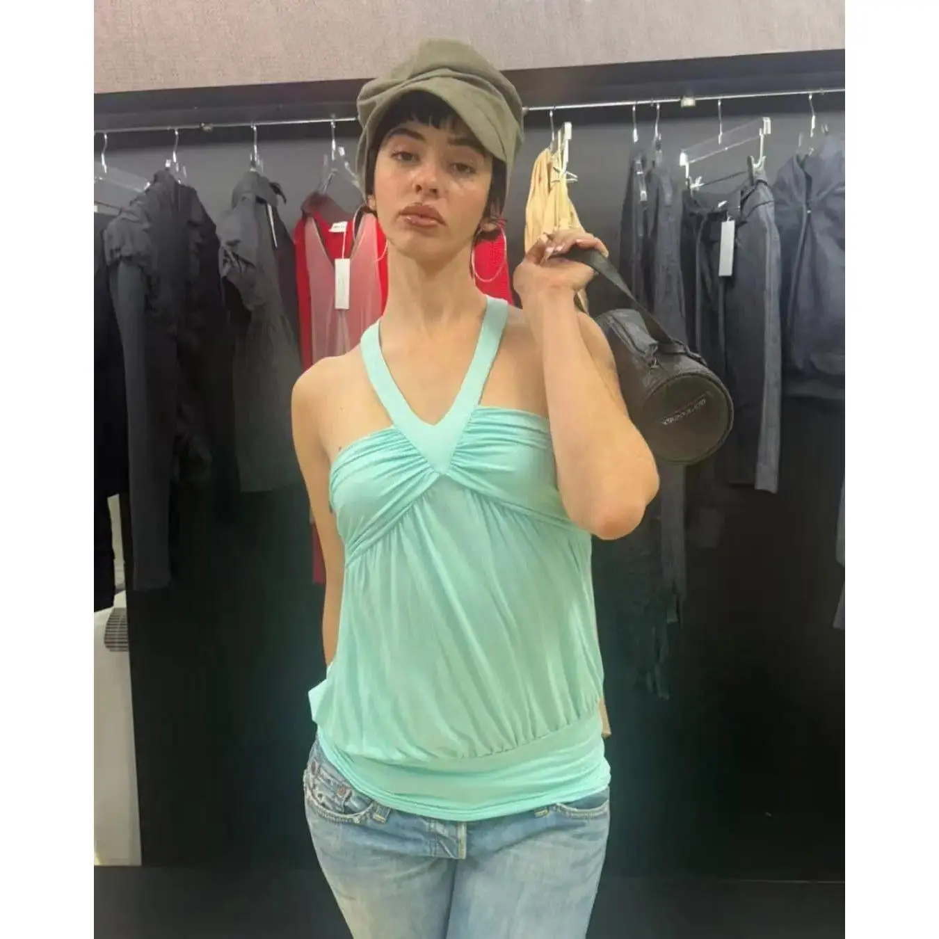 Niihai mint green hanging neck V-neck braided tie pleated backless short top vest