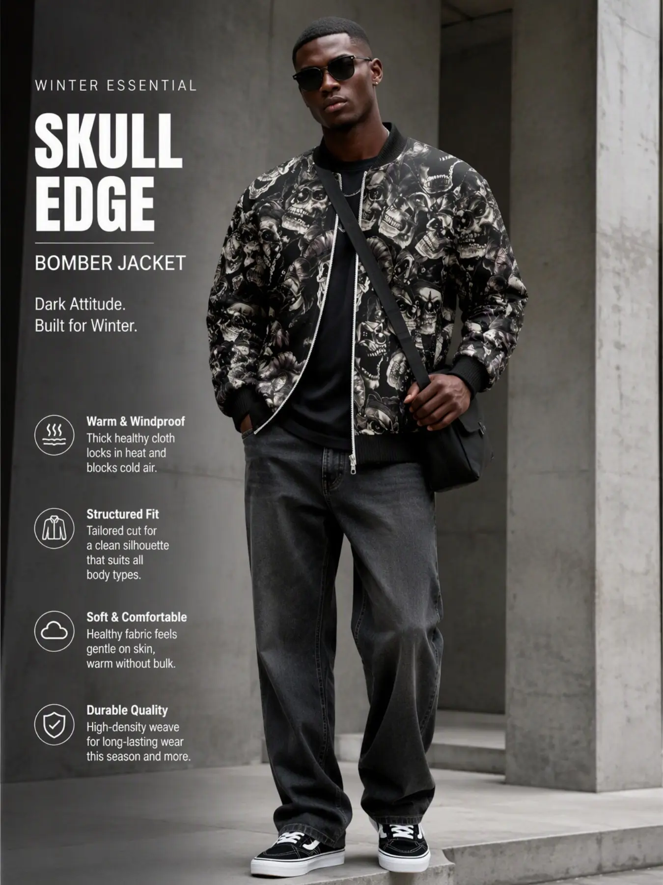 Men's Gothic Skull Pattern Full Zip Bomber Jacket, All over Print Baseball Collar Windproof Jacket, Retro Punk Streetwear Fall Winter Outerwear