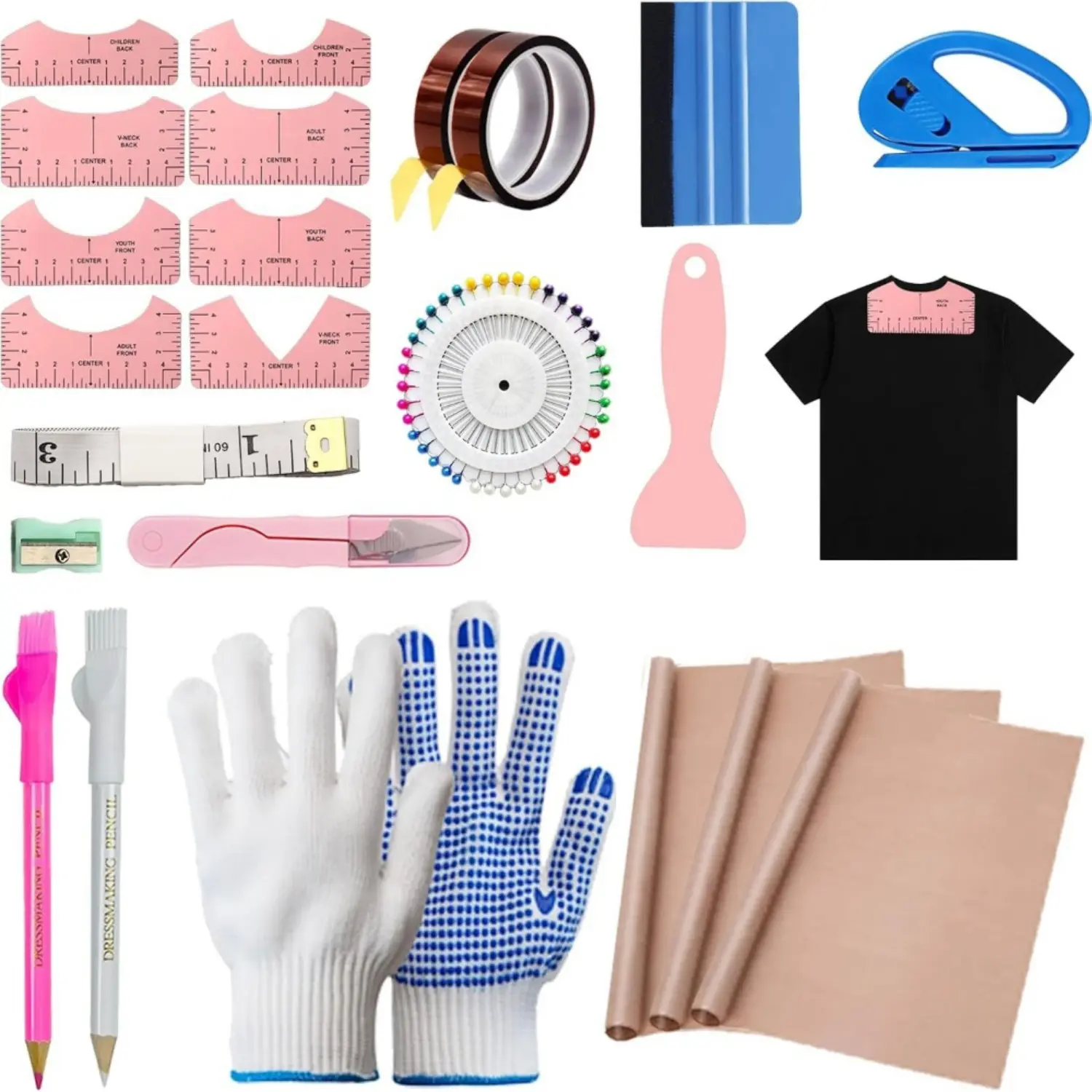 Sublimation Shirt Tool Kits, 8 T Shirt rulers, 3 Pack Teflon Sheet for Heat Press 12 x 16in, Heat Resistant Gloves with Silicone Bumps, 2 Rolls Heat Resistant Tape