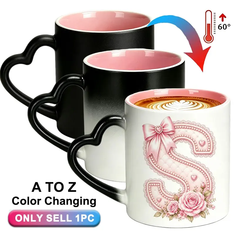Magical Color Changing Funny Coffee Mug & Tea Mug, Ceramic Cup with Pink Letter . A to Z Personalized Initial. Perfect Birthday Gifts, Christmas Gift, Valentine's Day, Gifts for female friends, gifts for mothers, Ceramic Coffee Mugs