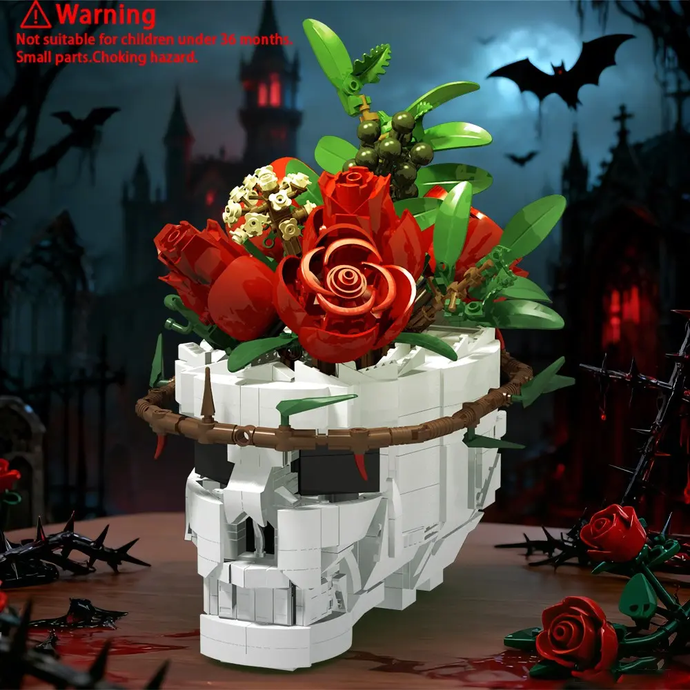 Gothic Skull Rose Flower Bouquet Fake Flowers Building Set, Unique Plant Pot & Floral Arrangement for Halloween Decoration, Ideal Gift for Her, Artificial Flower Bouquet, Faux Flower Decorations