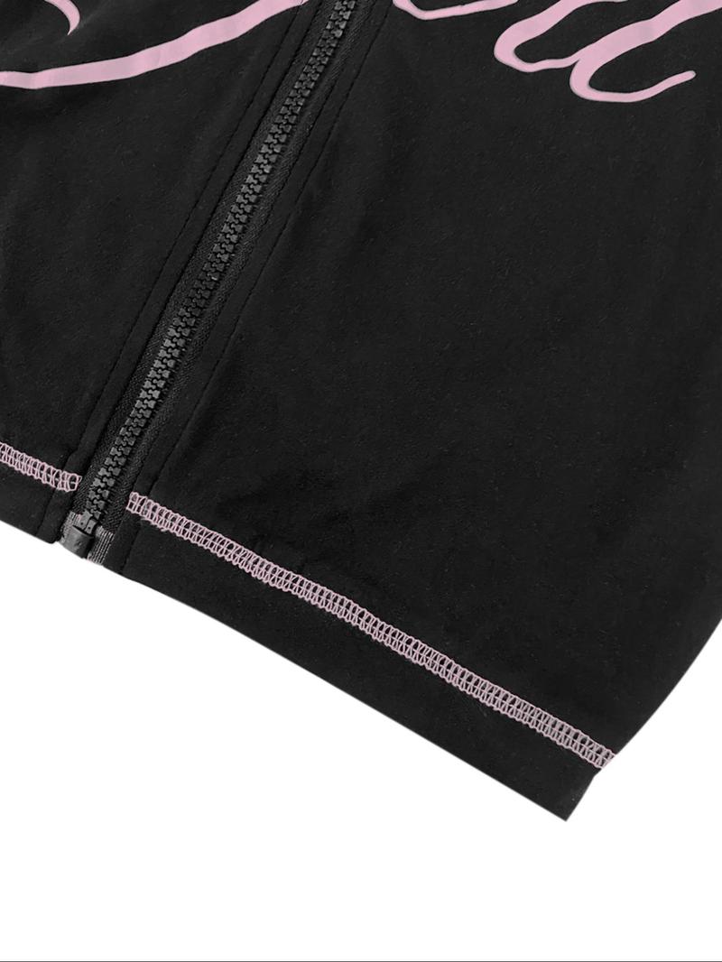 【LovelyWholesale】Two-piece Set Women's Colorblock Letter Print Zip Up Crop Jacket & High Waist Flare Leg Pants, Casual Fashion Cozy Breathable Outfits for Yoga Gym Workout, Ladies Sportswear for Fall