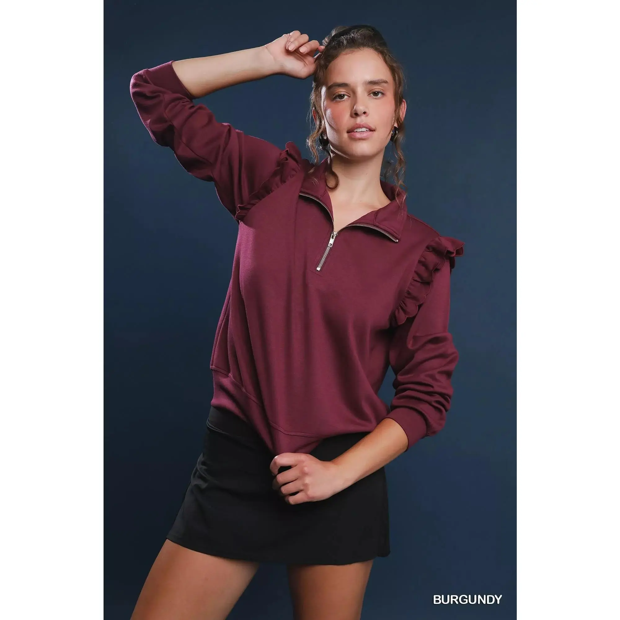 Umgee Luxeknit Ruffle Shoulder Quarter-Zip Sweatshirt