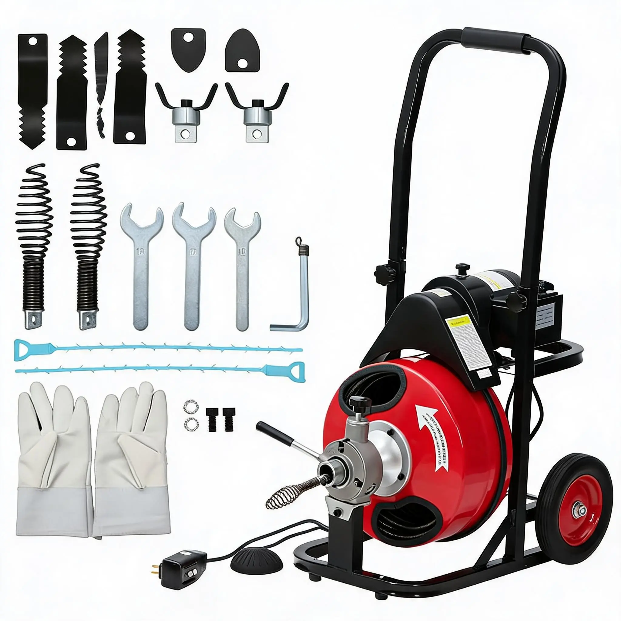 IdealHouse Professional Electric Drain Cleaning Machine - 370W Motor, 100ft x 3/8in Auto-Feed Hydraulic Sewer Snake, 8 Cutter Heads, Air-Activated Foot Switch, Heavy Duty for 1-4in Pipes, Ideal for Residential & Industrial Use