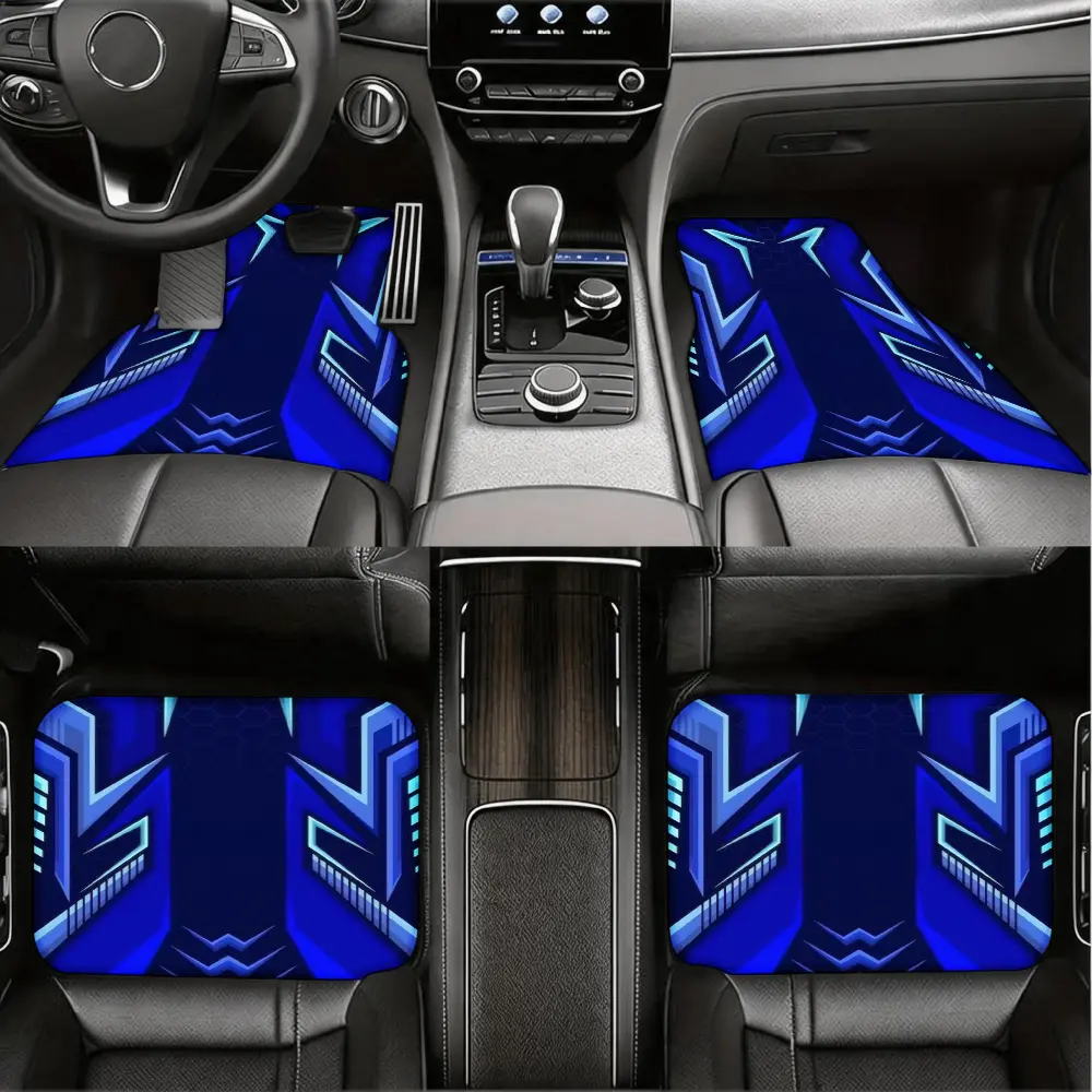 Modern Style, Car Floor Mats, Blue Geometric Pattern, Non-Slip Rubber Material, Universal Fit For Sedans And Suvs, 4-Piece Set