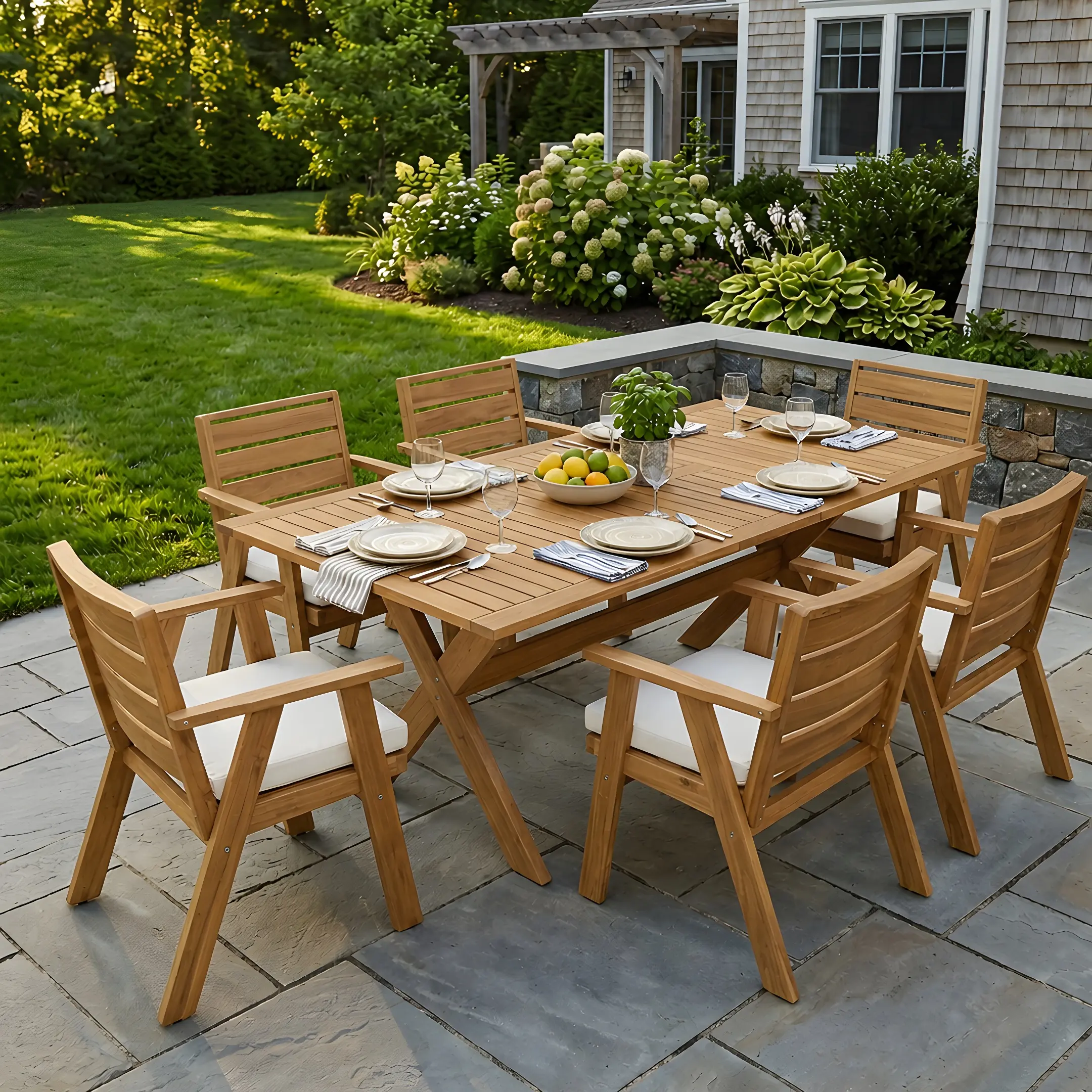 ARCH 7 Piece Acacia Wood Outdoor Dining Set with Expandable Table and 6 Cushioned Chairs, Teak Finish Patio Furniture Set for Garden, Backyard, Deck, Poolside, Seats 6, Beige Cushions, Teak+ Beige Color Options, Acacia Wood/Polyester Material