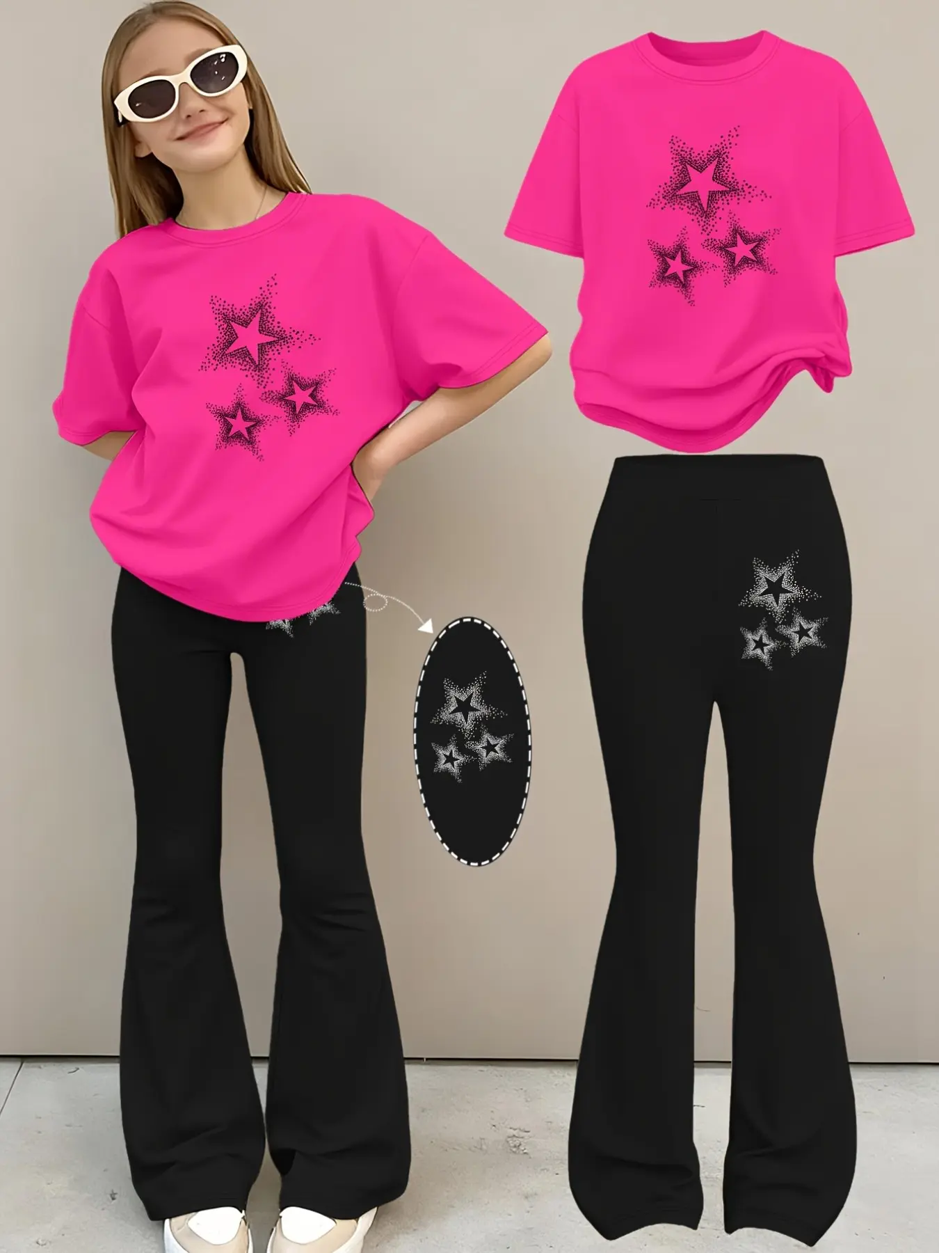 Classic everyday casual stretch Fit lightweight y2k sparkle star graphic short top and black flare long pants matching set for young girls after school picnic coffee date city shopping trending girls spring summer teen streetwear fashion inspo