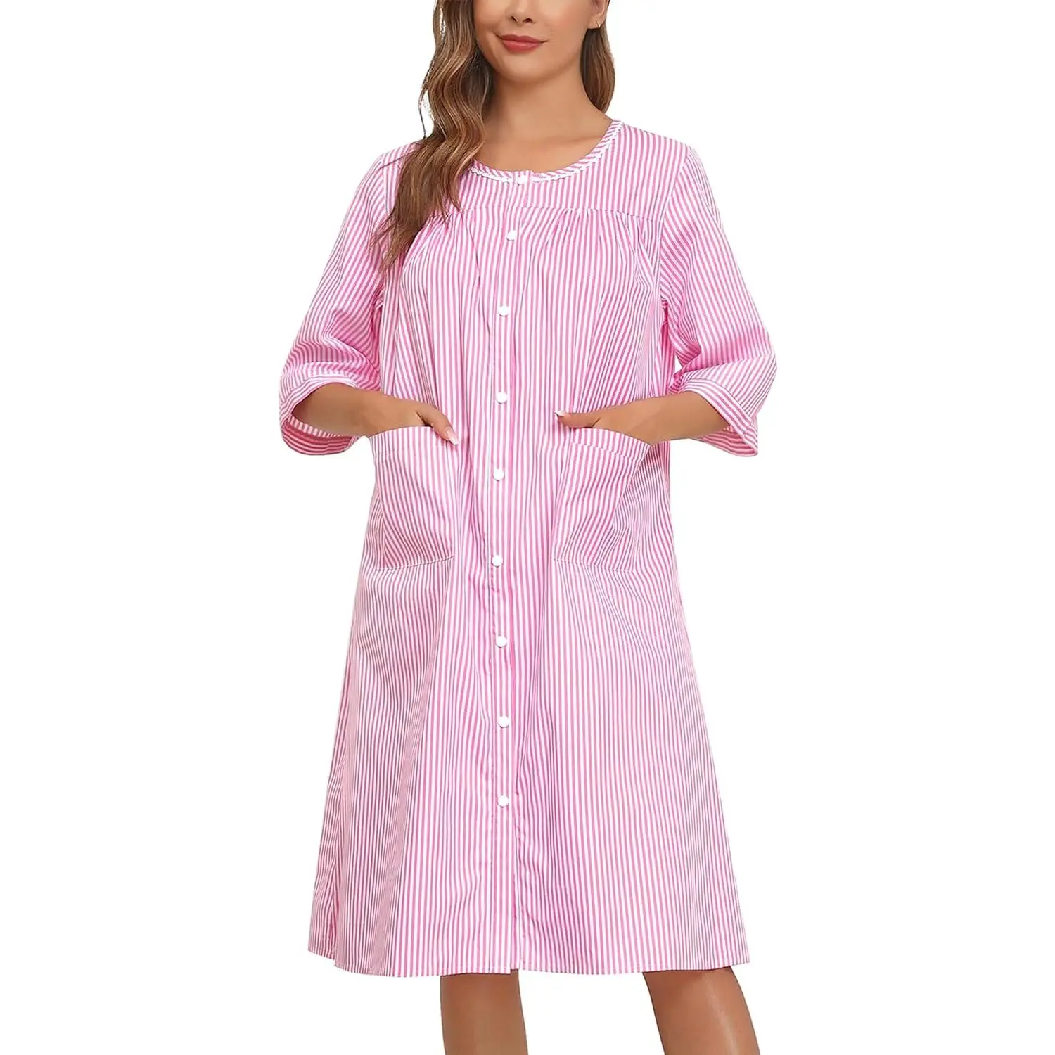 YOZLY Nightgowns for Women Cotton Snap Front Housecoat 3/4 Sleeve Housecoat with Pockets S-3XL