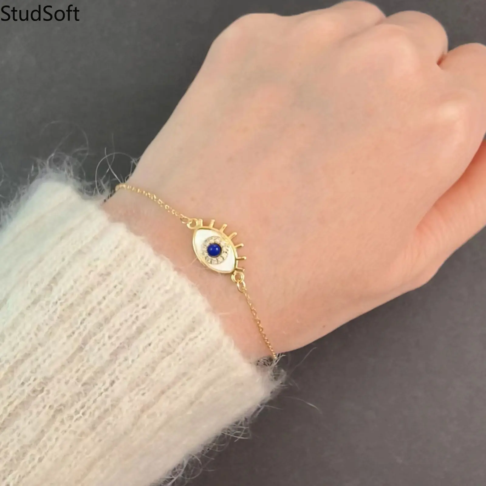 Women's Evil Eye Crystal Bracelet, Gold-Tone Bangle with Cubic Zirconia and Enamel Detail, Lucky Spiritual Charm and Talisman Jewelry, Gift Ideas, Female