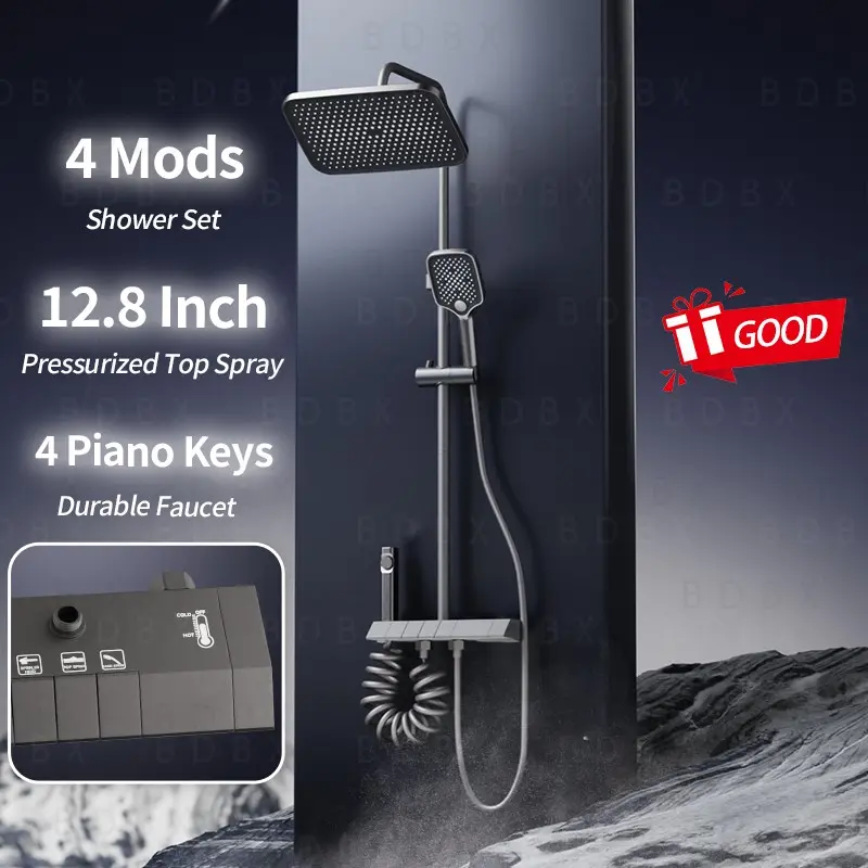 Shower System with 12.8" Large Panel Pressure Boosted Shower Head, 4-Function Shower Faucet, Silicone Easy Clean Nozzles, Multi-Color Bathroom
