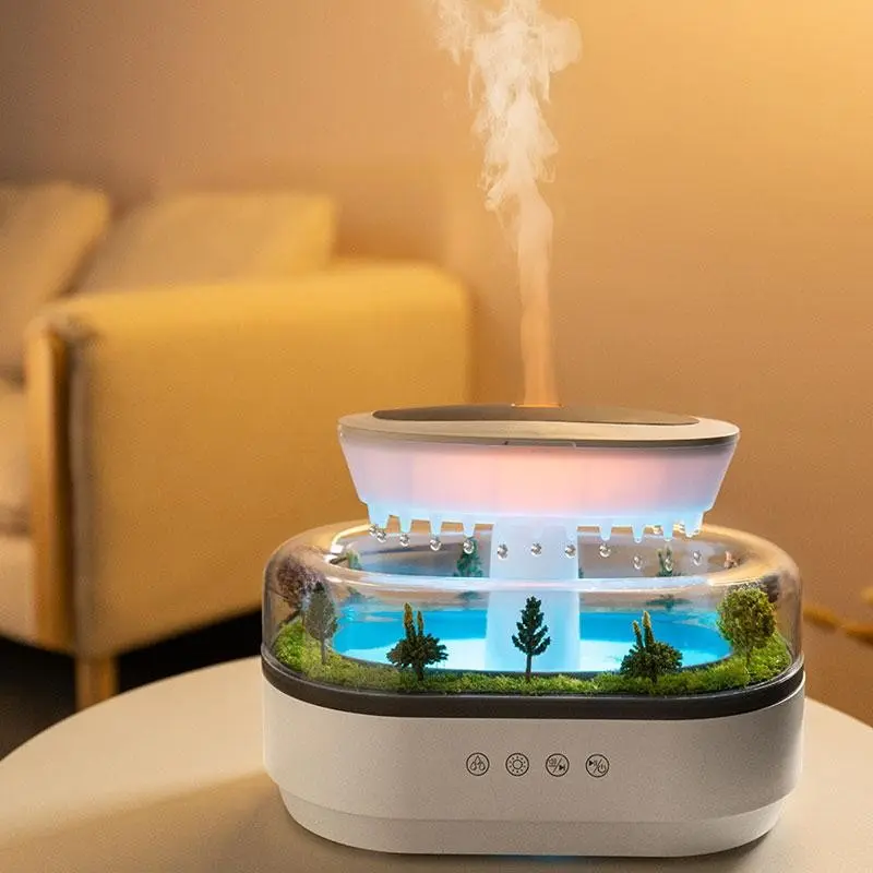 Raindrop Humidifier Diffuser, Novel Night Light with 8 Color Changes, Mist Humidifier with Plant Landscape Effect and Noise, Desk Bedside Relaxing Aroma Diffuser