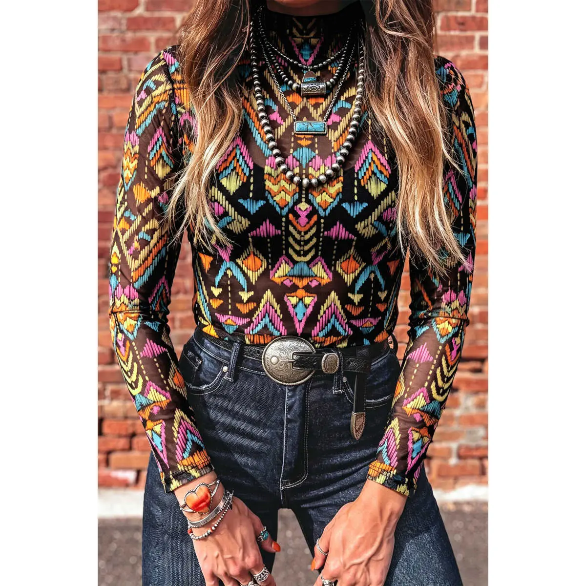 Women's Mesh Blouse, Casual Abstract Print Slim Fit Long Sleeve Mock Neck Modern See-Through Top, Shirts, Tops, Full Sleeve