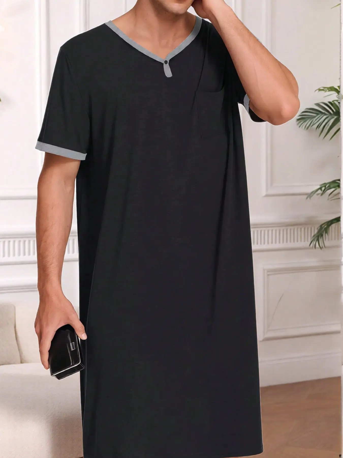 Men's Long Sleepwear Dress, Simple Colorblock Hem Short Sleeve V-Neck, Loose Fit Casual Lounge Wear for Bedroom, Comfortable Nightshirt, Loungewear